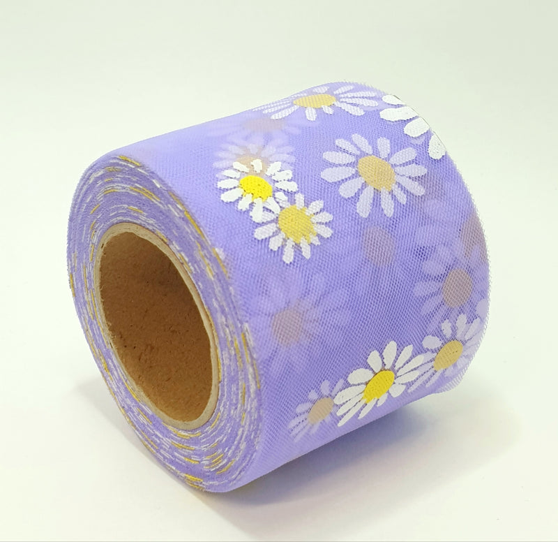 MajorCrafts 60mm 22metres Iris Purple & White Daisy Flower Tulle Mesh Ribbon