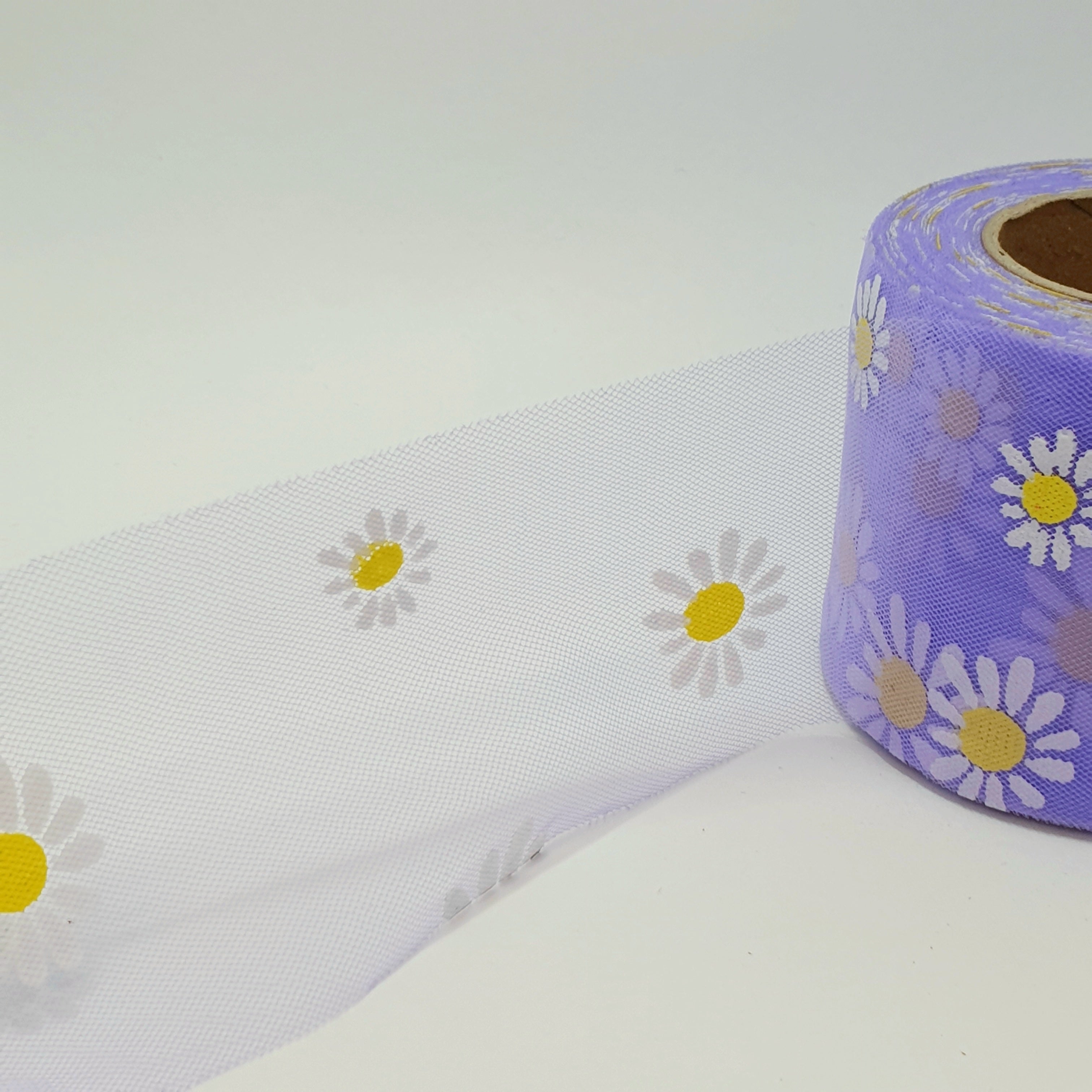 MajorCrafts 60mm 22metres Iris Purple & White Daisy Flower Tulle Mesh Ribbon
