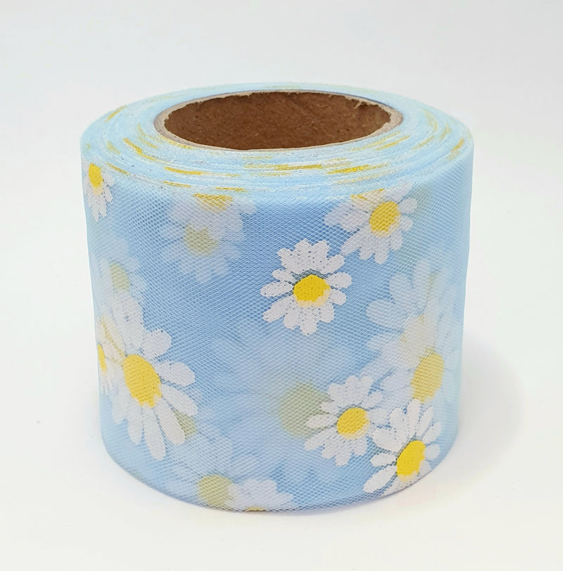 MajorCrafts 60mm 22metres Baby Blue & White Daisy Flower Tulle Mesh Ribbon