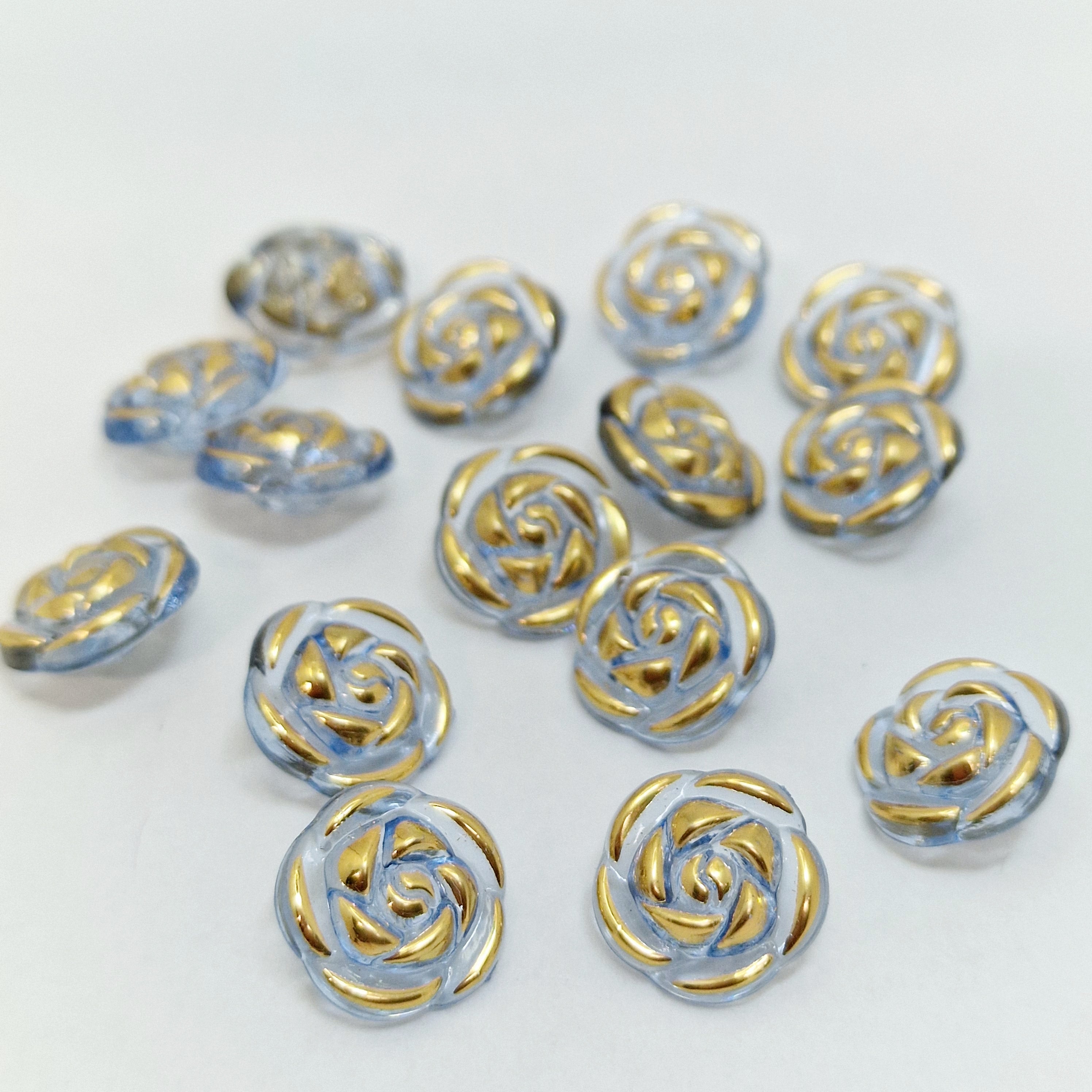MajorCrafts 40pcs 13mm Light Blue & Gold Rose Flower Shank Resin Buttons
