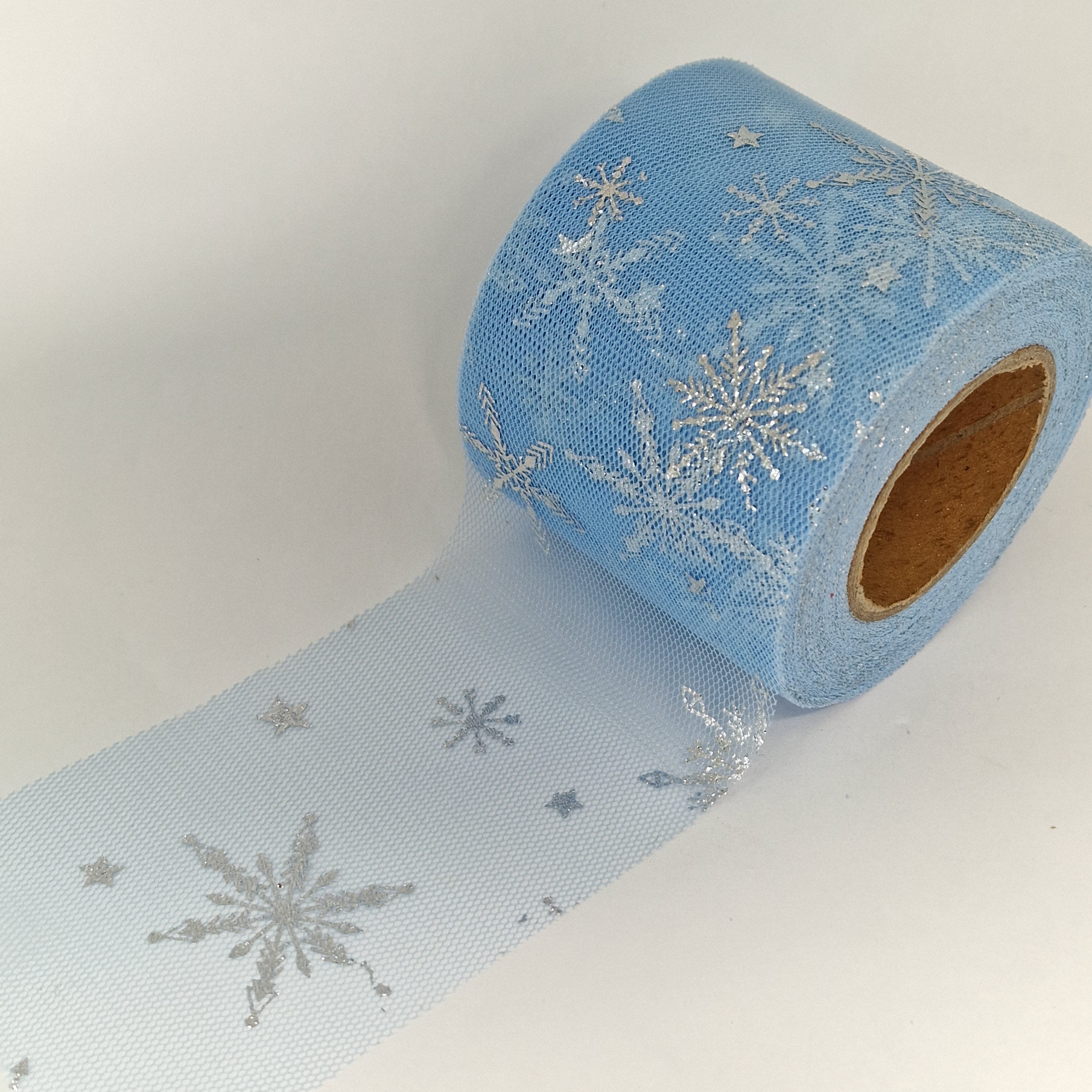 MajorCrafts 60mm 22metres Light Blue with Silver Snowflakes Tulle Mesh Ribbon