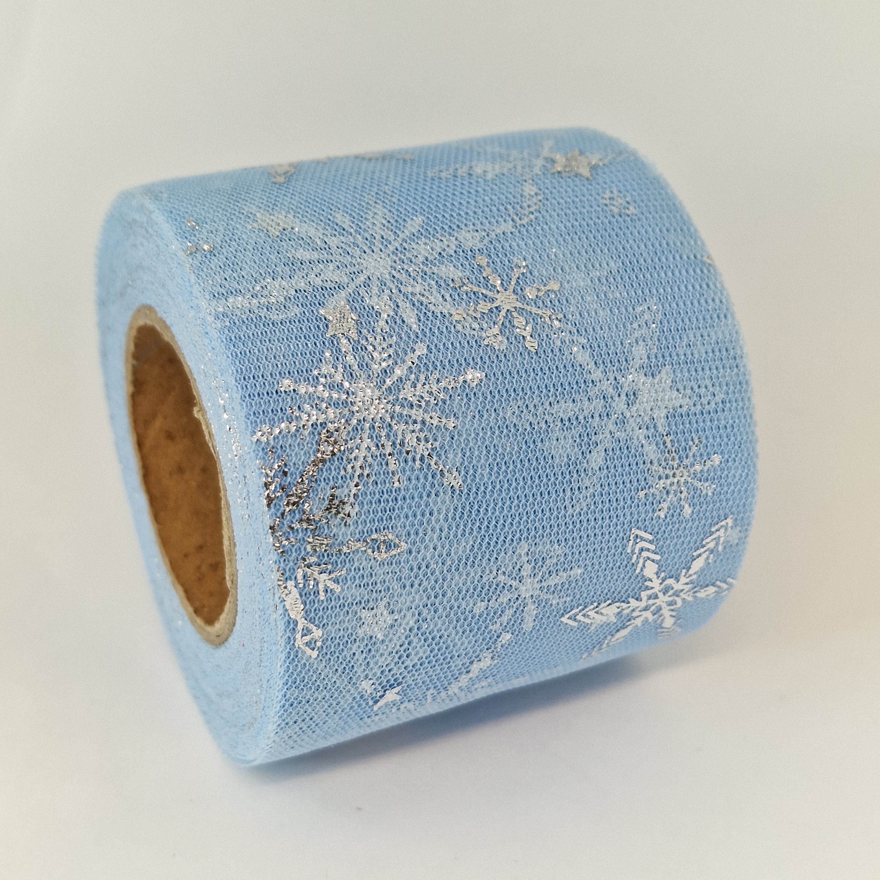 MajorCrafts 60mm 22metres Light Blue with Silver Snowflakes Tulle Mesh Ribbon