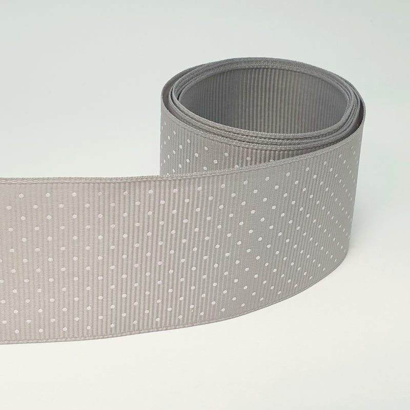 MajorCrafts 40mm 1metre Light Grey Polka Dot Single Sided Grosgrain Fabric Ribbon