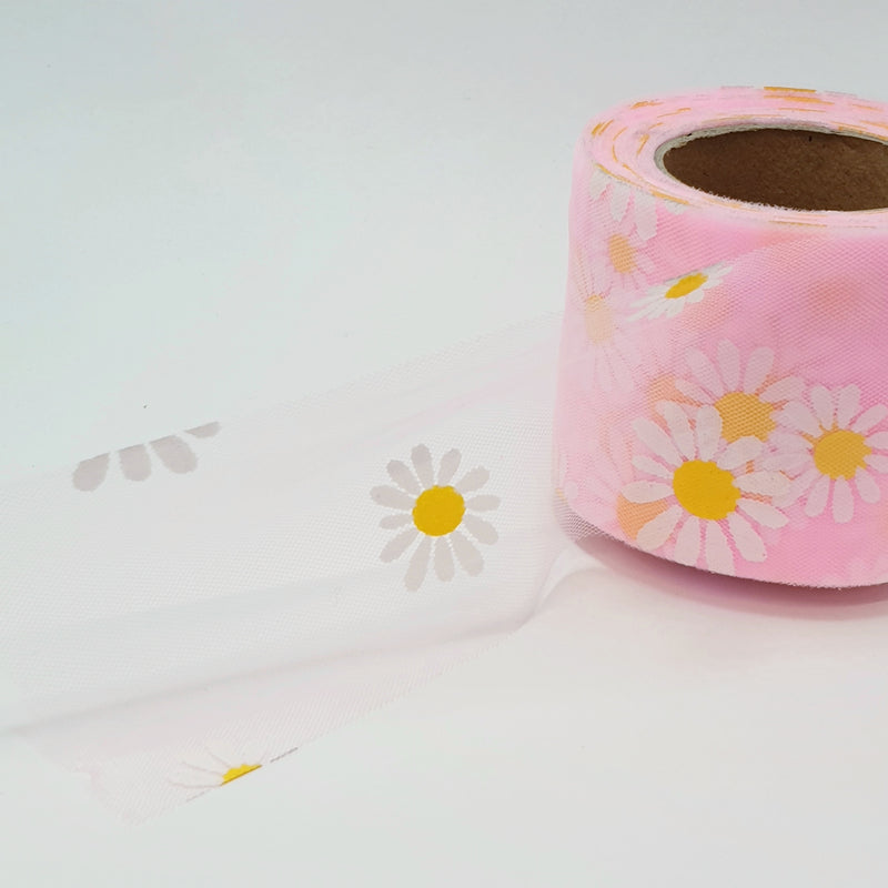 MajorCrafts 60mm 22metres Light Pink & White Daisy Flower Tulle Mesh Ribbon