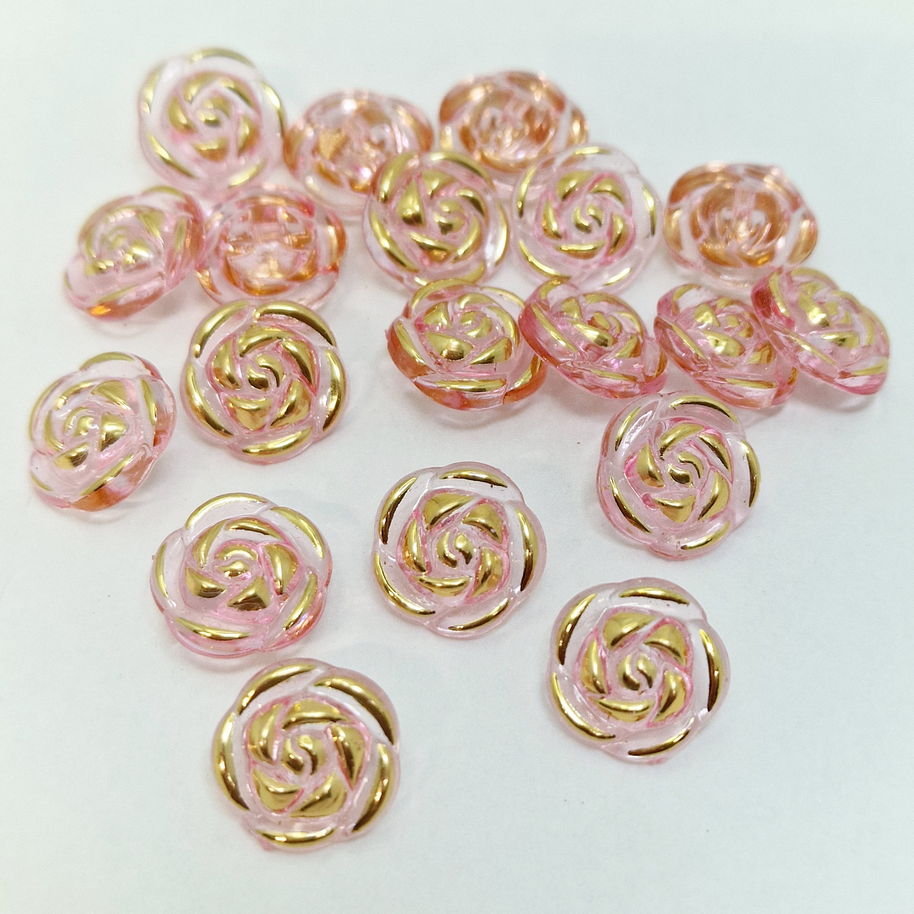 MajorCrafts 40pcs 13mm Light Pink & Gold Rose Flower Shank Resin Buttons