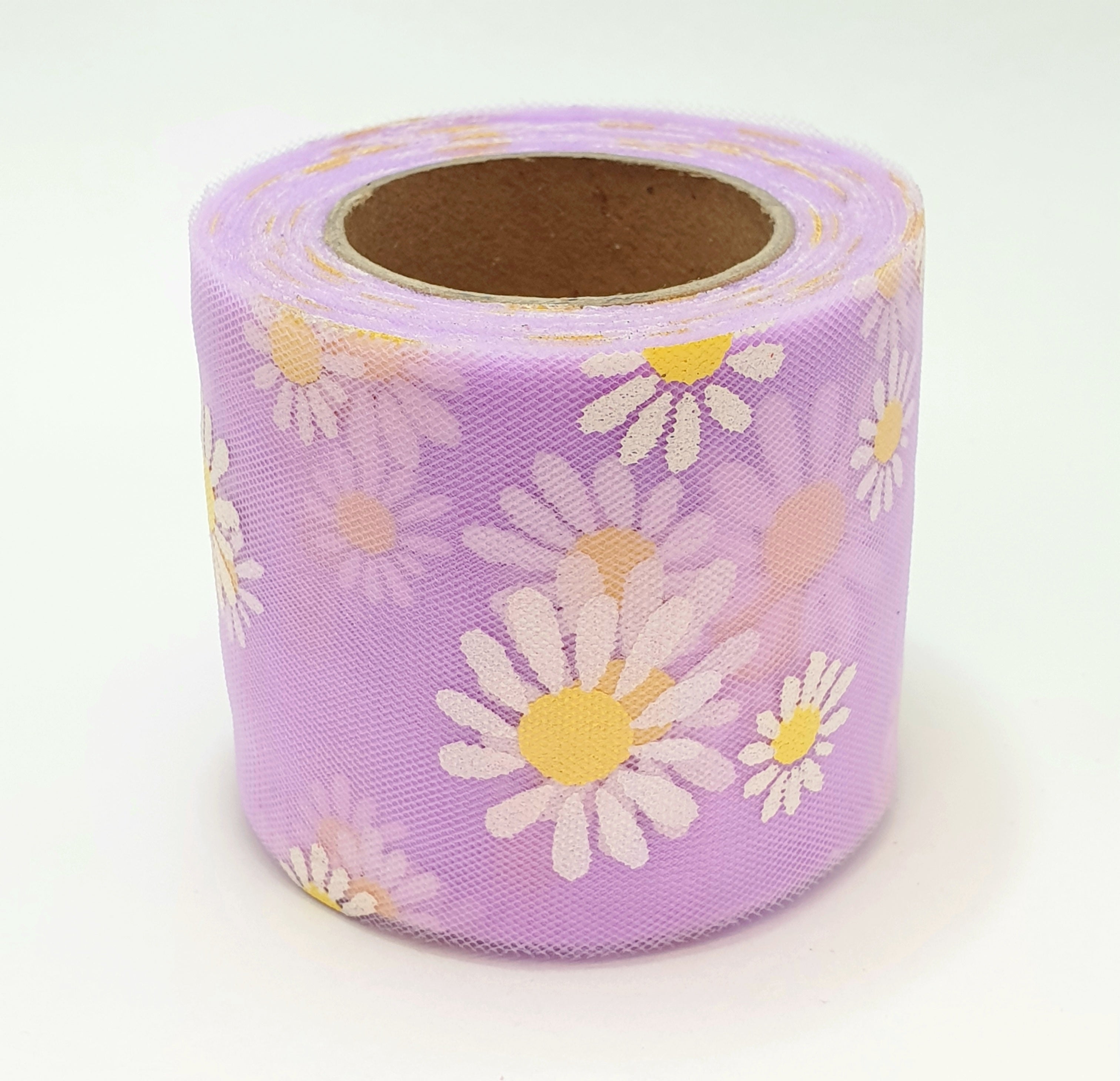 MajorCrafts 60mm 22metres Lilac Purple & White Daisy Flower Tulle Mesh Ribbon