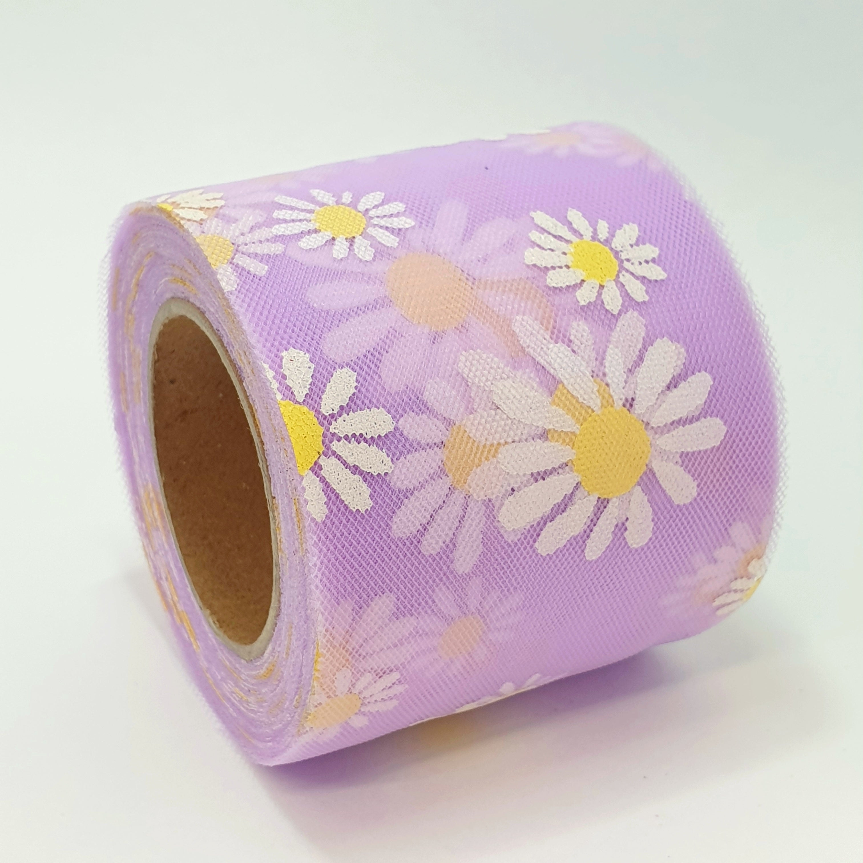 MajorCrafts 60mm 22metres Lilac Purple & White Daisy Flower Tulle Mesh Ribbon