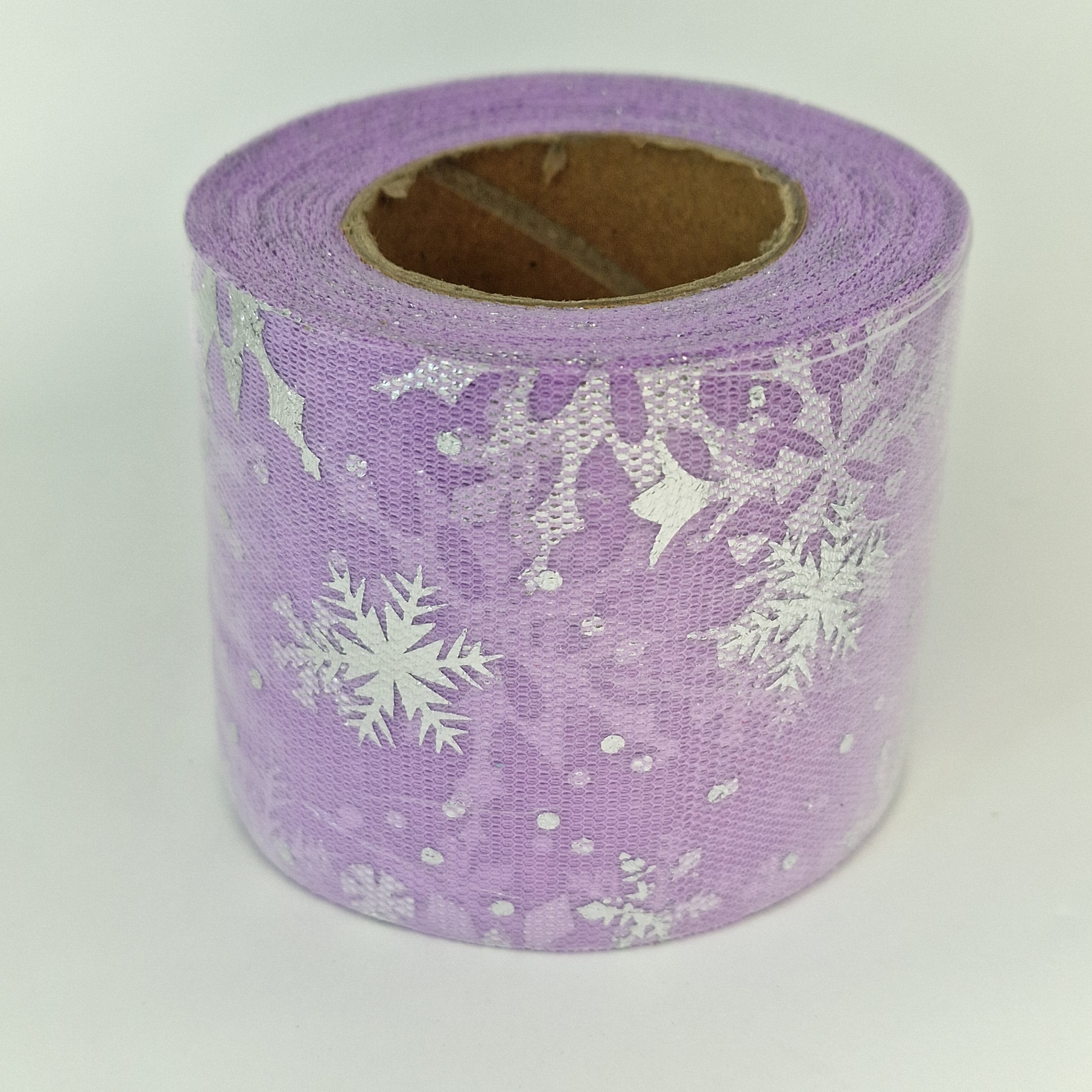 MajorCrafts 60mm 22metres Light Purple with Silver Snowflakes Tulle Mesh Ribbon