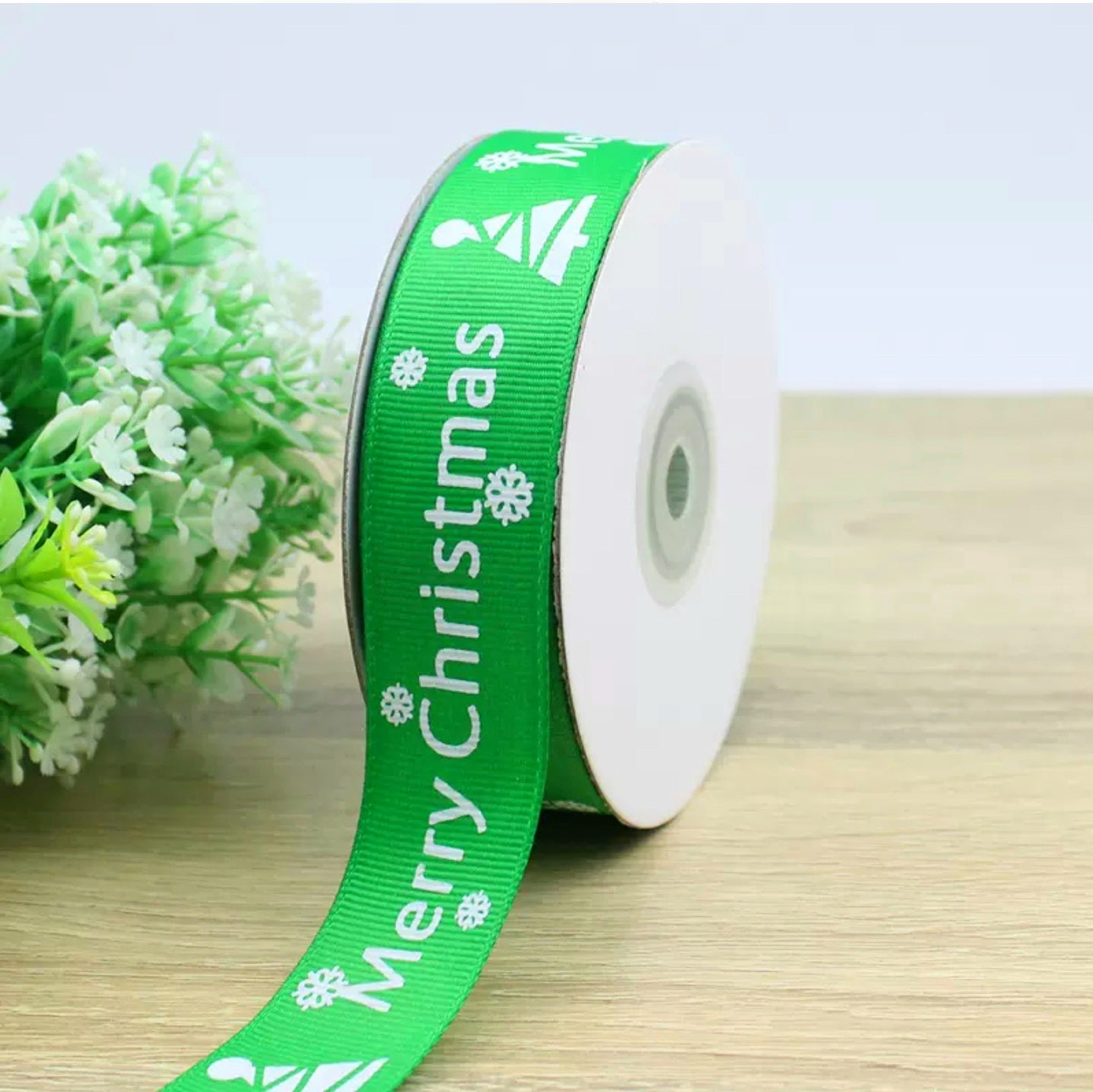 MajorCrafts 25mm 22metres Green 'Merry Christmas' Printed Grosgrain Fabric Ribbon