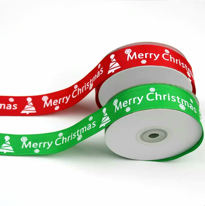 MajorCrafts 25mm 22metres Green 'Merry Christmas' Printed Grosgrain Fabric Ribbon