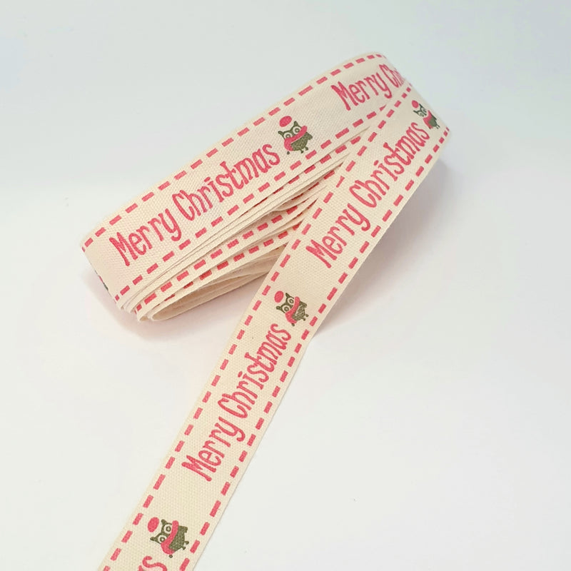 MajorCrafts 4.5m 5yds - 15mm wide Merry Christmas Owl Printed Cotton Fabric Ribbon