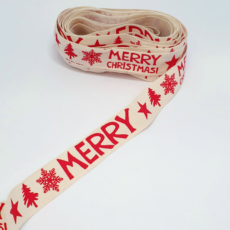 MajorCrafts 4.5m 5yds - 15mm wide Merry Christmas Star Printed Cotton Fabric Ribbon