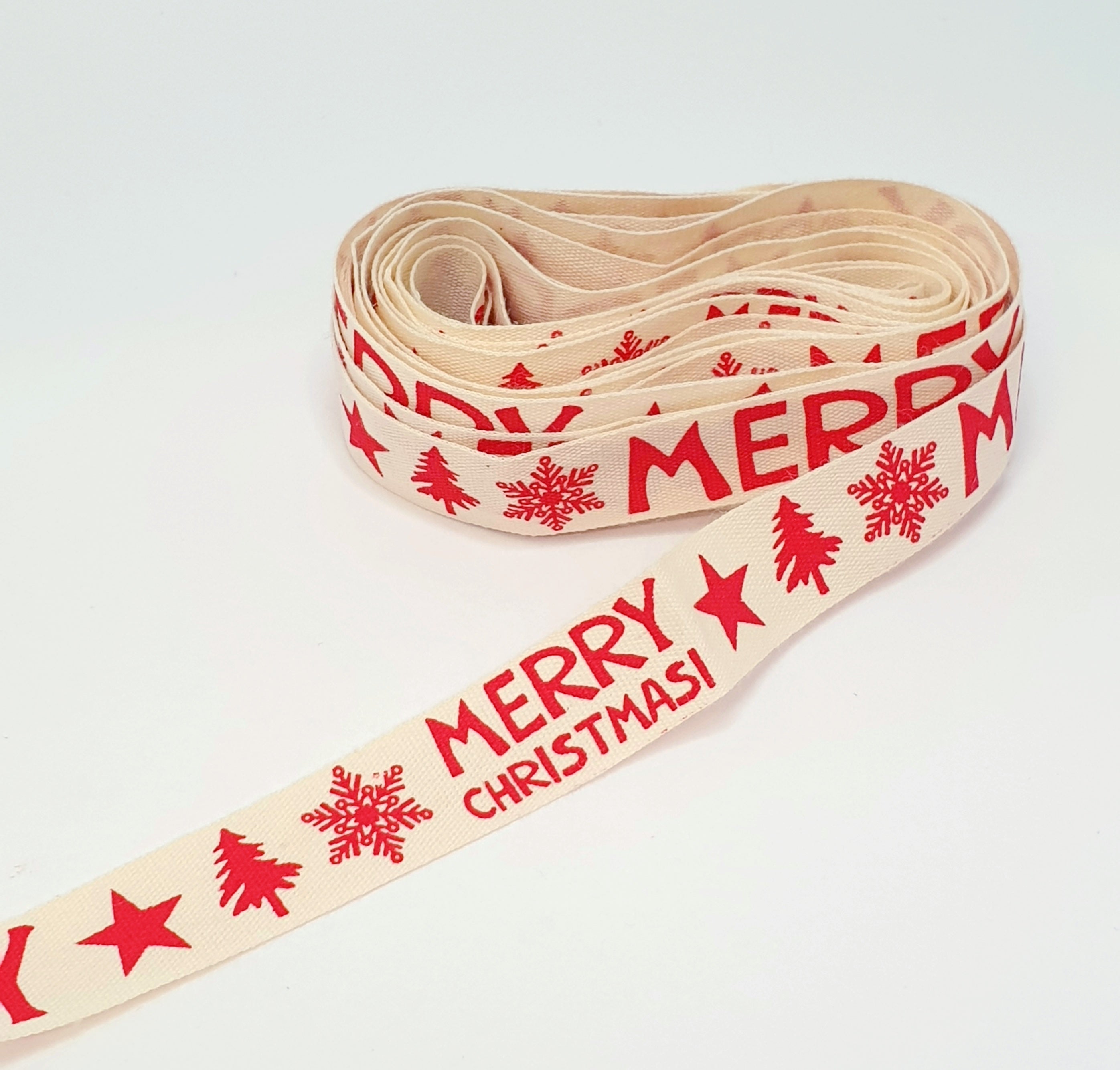MajorCrafts 4.5m 5yds - 15mm wide Merry Christmas Star Printed Cotton Fabric Ribbon