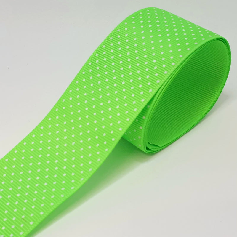 MajorCrafts 40mm 1metre Neon Green Polka Dot Single Sided Grosgrain Fabric Ribbon