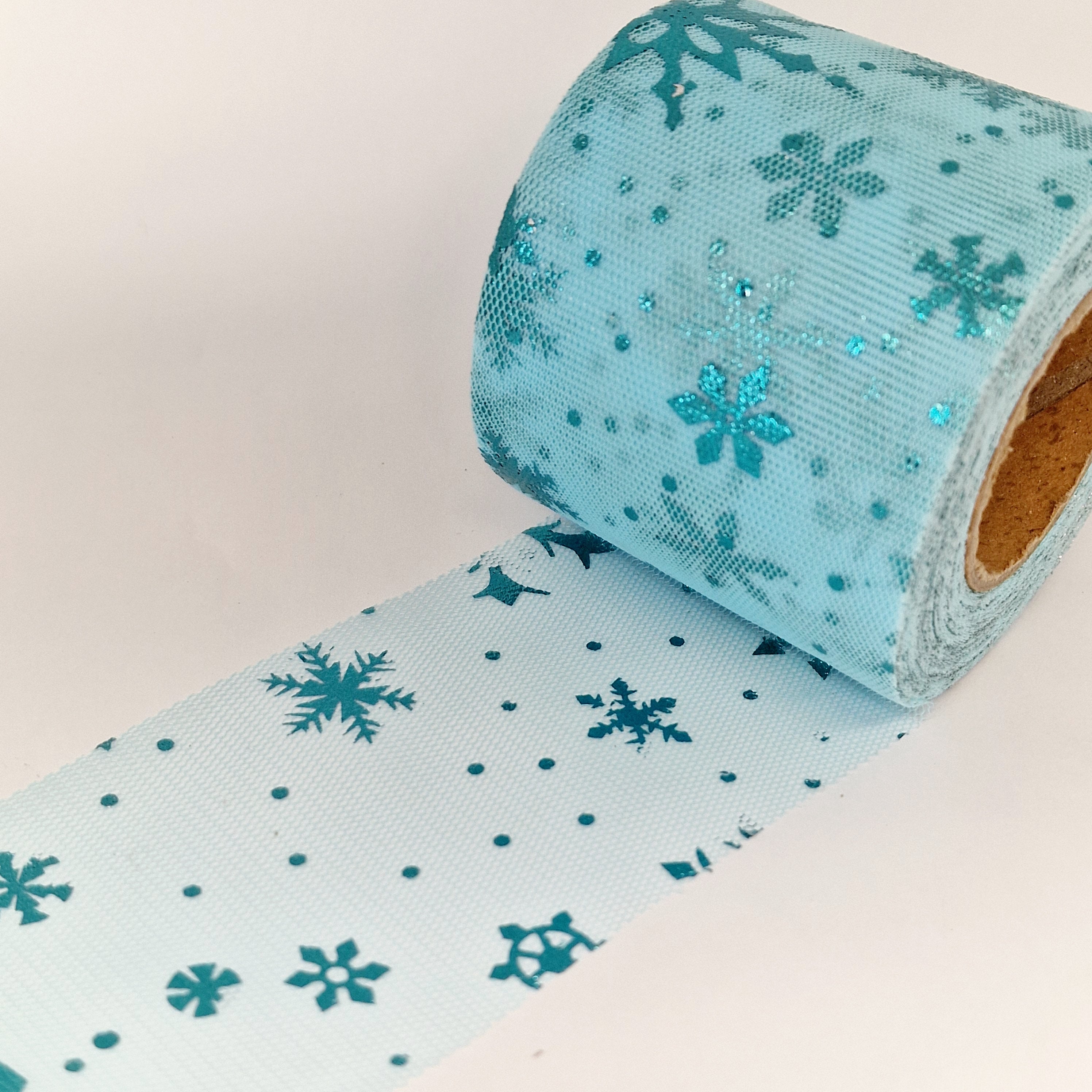 MajorCrafts 60mm 22metres Ocean Blue with Blue Snowflakes Tulle Mesh Ribbon