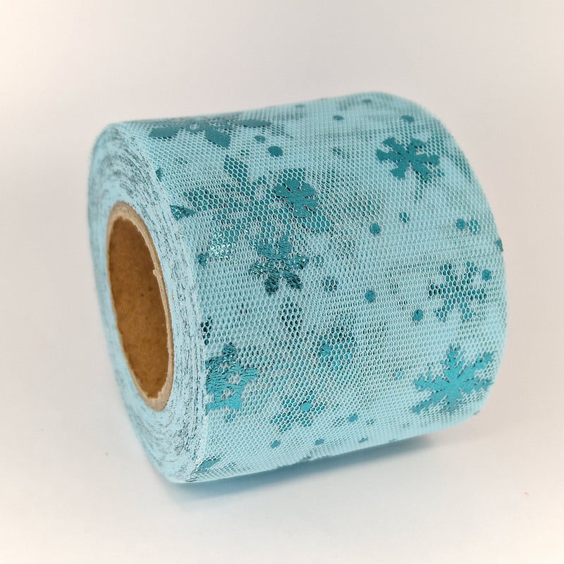 MajorCrafts 60mm 22metres Ocean Blue with Blue Snowflakes Tulle Mesh Ribbon