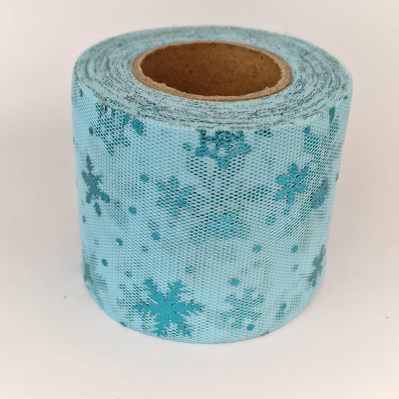 MajorCrafts 60mm 22metres Ocean Blue with Blue Snowflakes Tulle Mesh Ribbon