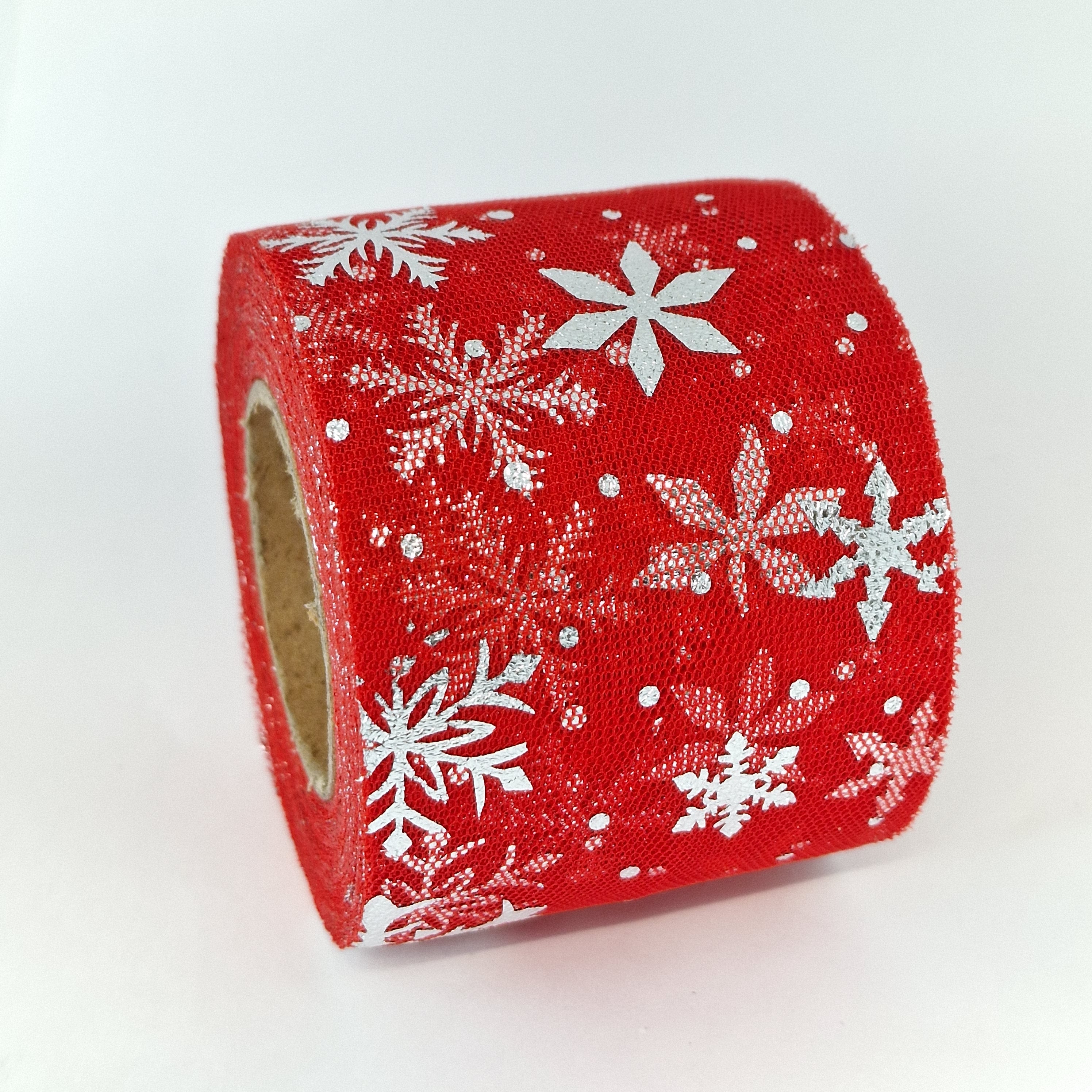 MajorCrafts 60mm 22metres Red with Silver Snowflakes Tulle Mesh Ribbon
