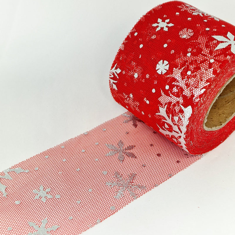 MajorCrafts 60mm 22metres Red with Silver Snowflakes Tulle Mesh Ribbon