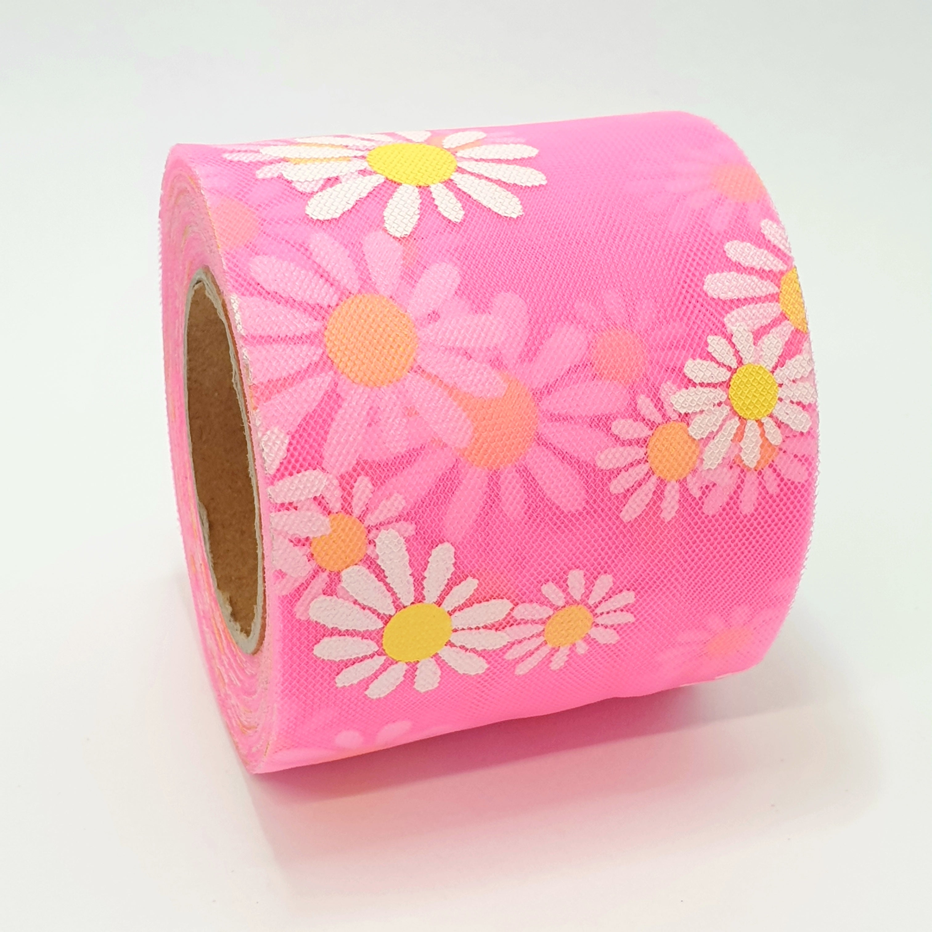 MajorCrafts 60mm 22metres Rose Pink & White Daisy Flower Tulle Mesh Ribbon