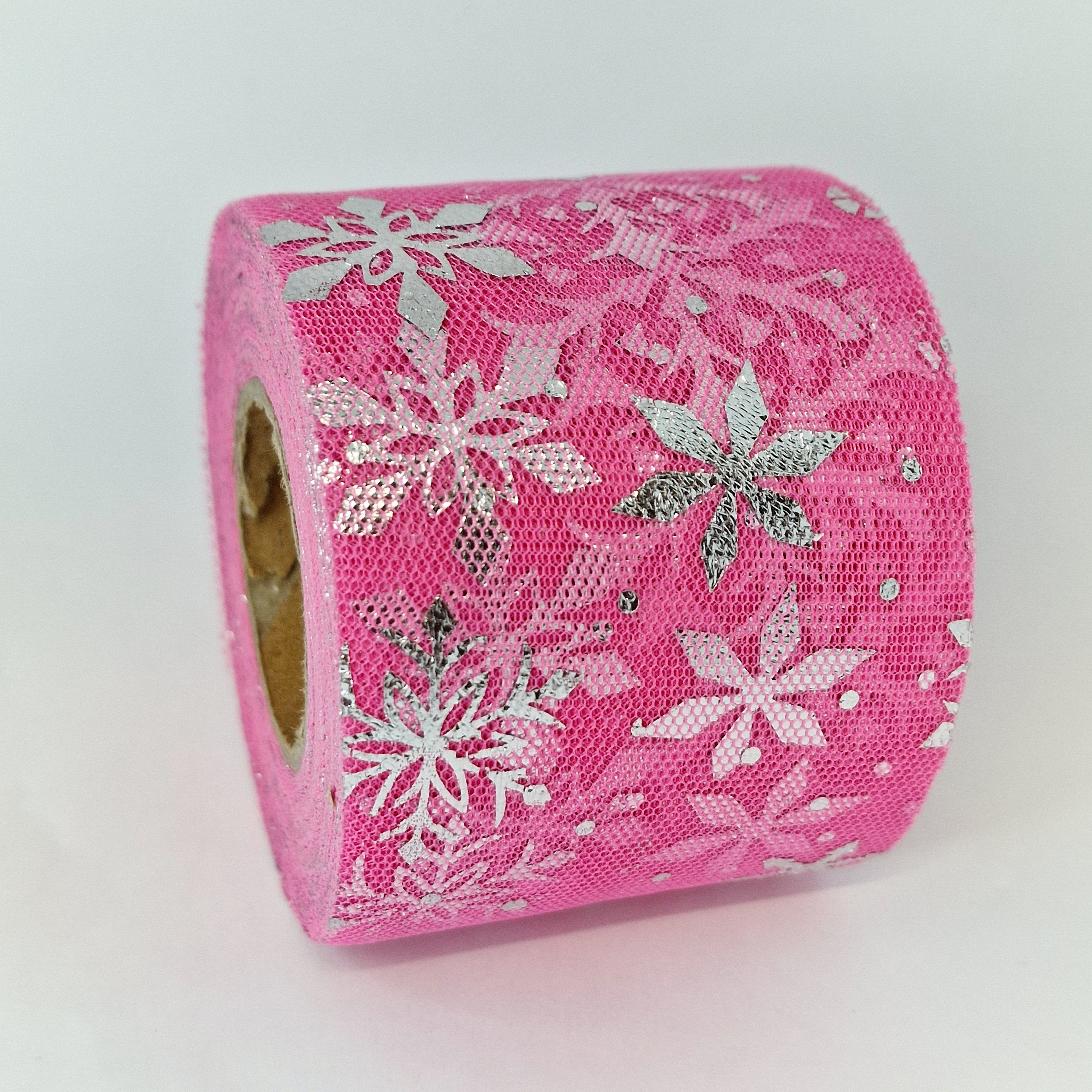 MajorCrafts 60mm 22metres Rose Pink with Silver Snowflakes Tulle Mesh Ribbon