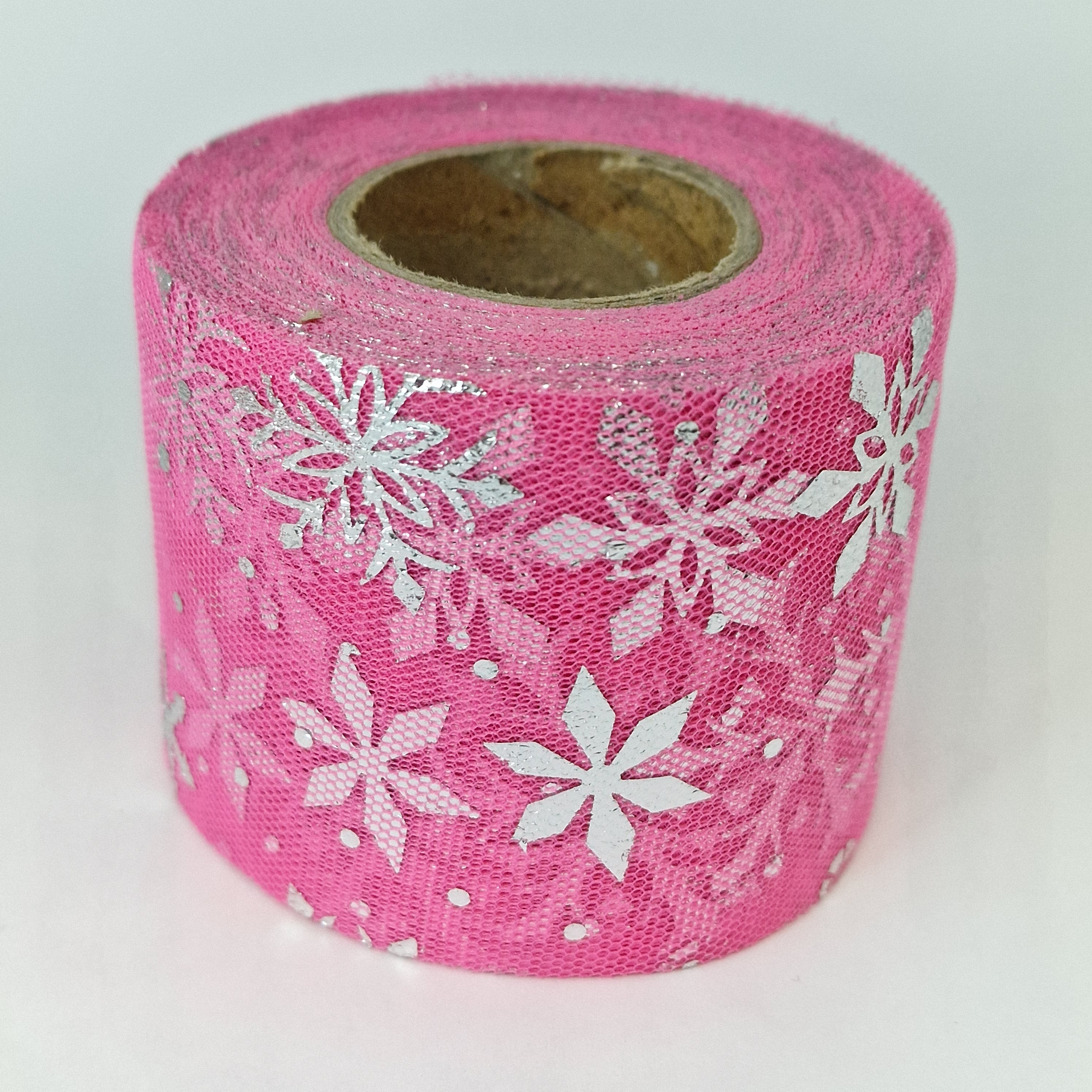 MajorCrafts 60mm 22metres Rose Pink with Silver Snowflakes Tulle Mesh Ribbon