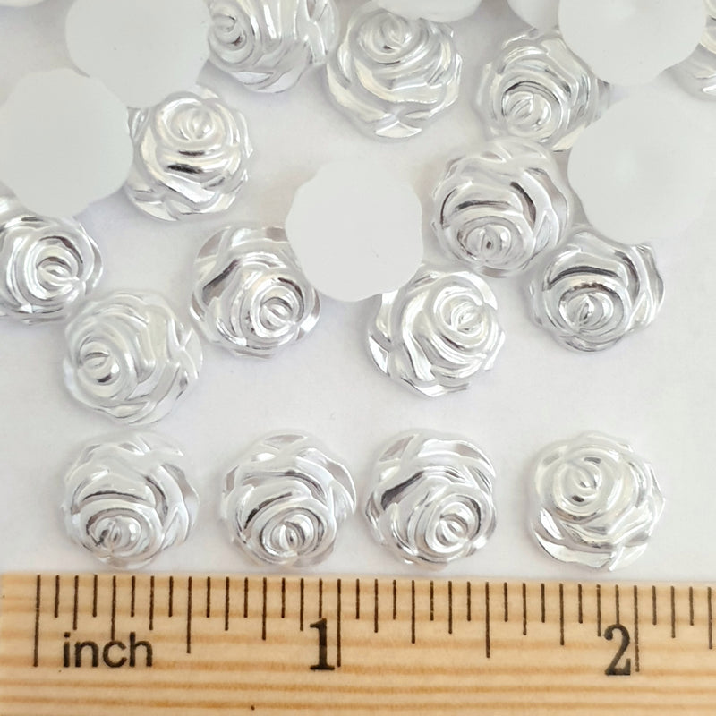 MajorCrafts 60pcs 12mm Silver White Flat Back Rose Flower Resin Pearls