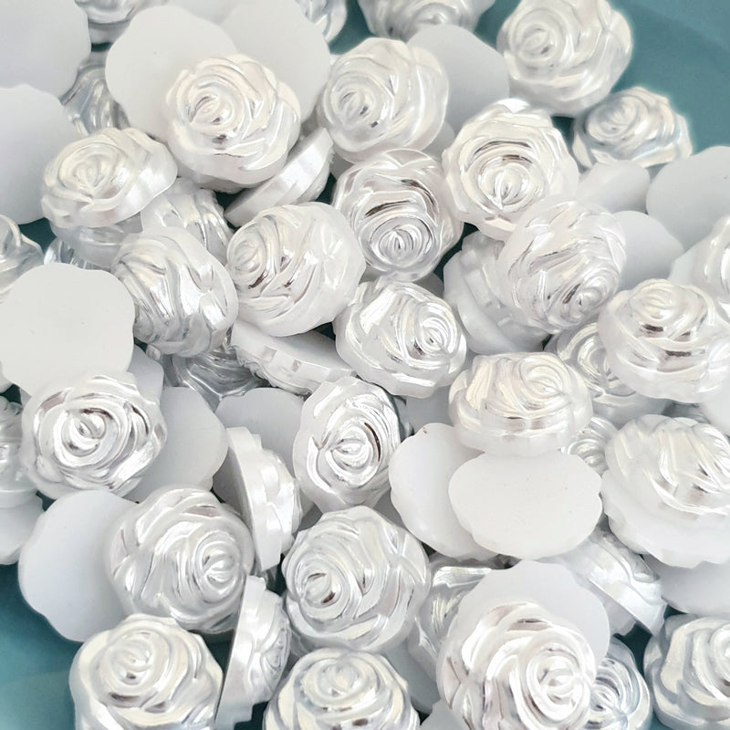 MajorCrafts 60pcs 12mm Silver White Flat Back Rose Flower Resin Pearls