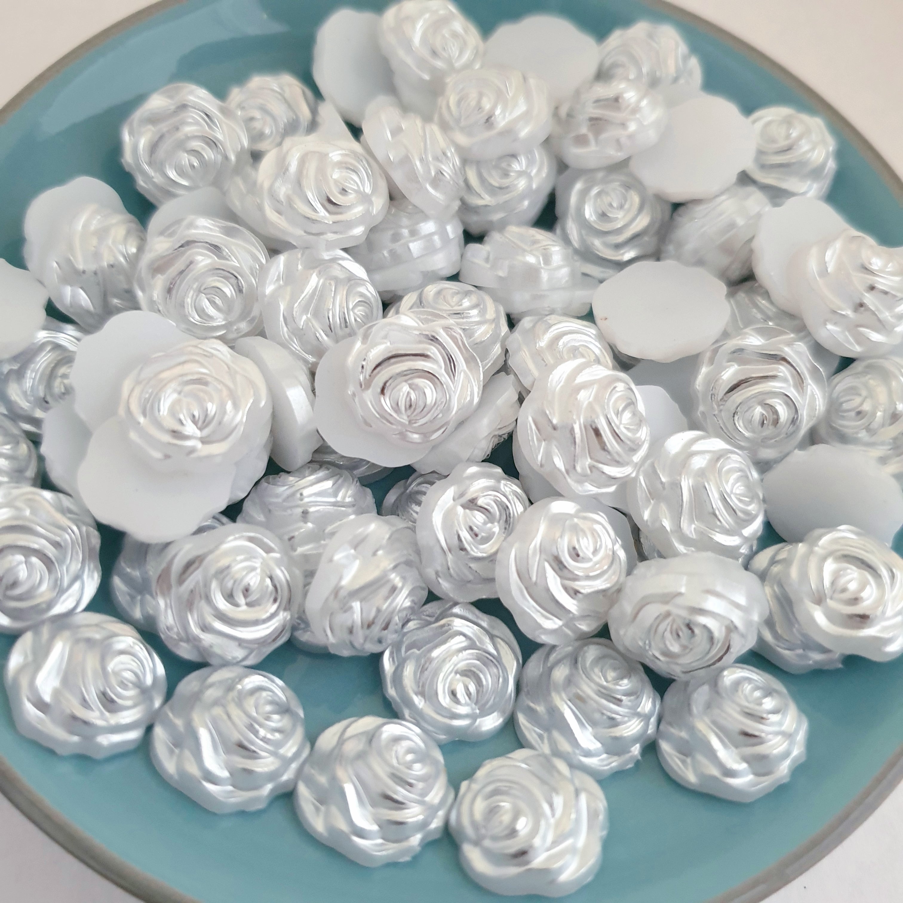MajorCrafts 60pcs 12mm Silver White Flat Back Rose Flower Resin Pearls