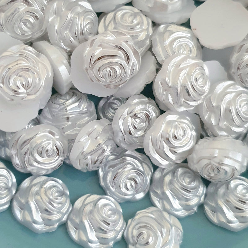 MajorCrafts 60pcs 12mm Silver White Flat Back Rose Flower Resin Pearls