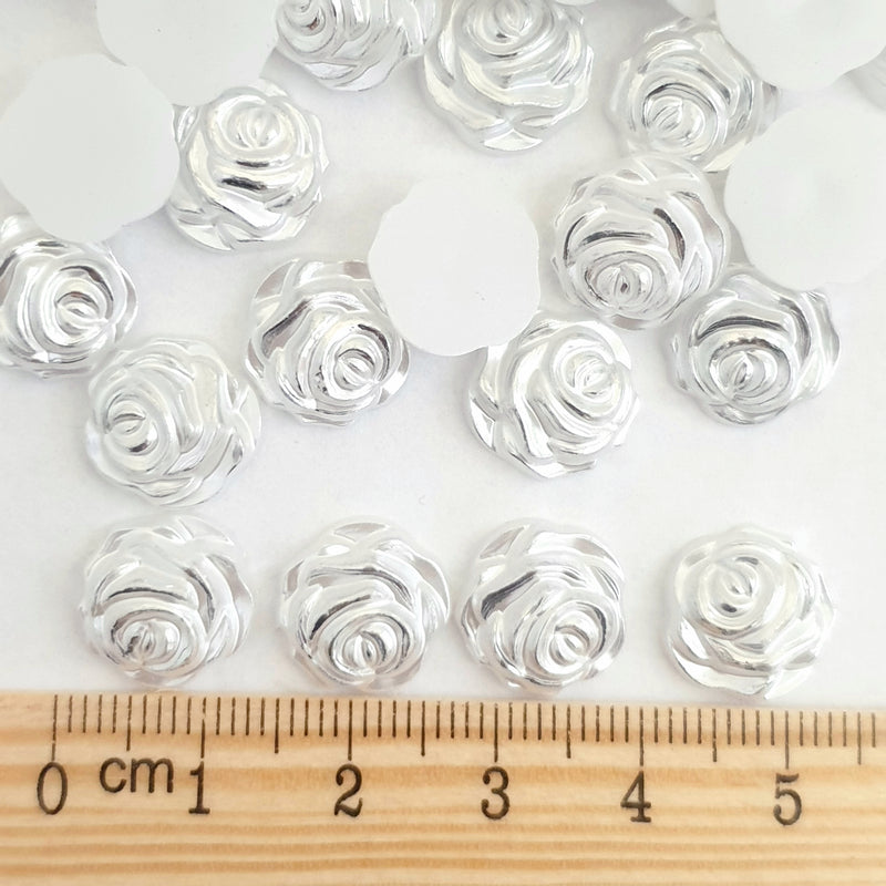MajorCrafts 60pcs 12mm Silver White Flat Back Rose Flower Resin Pearls