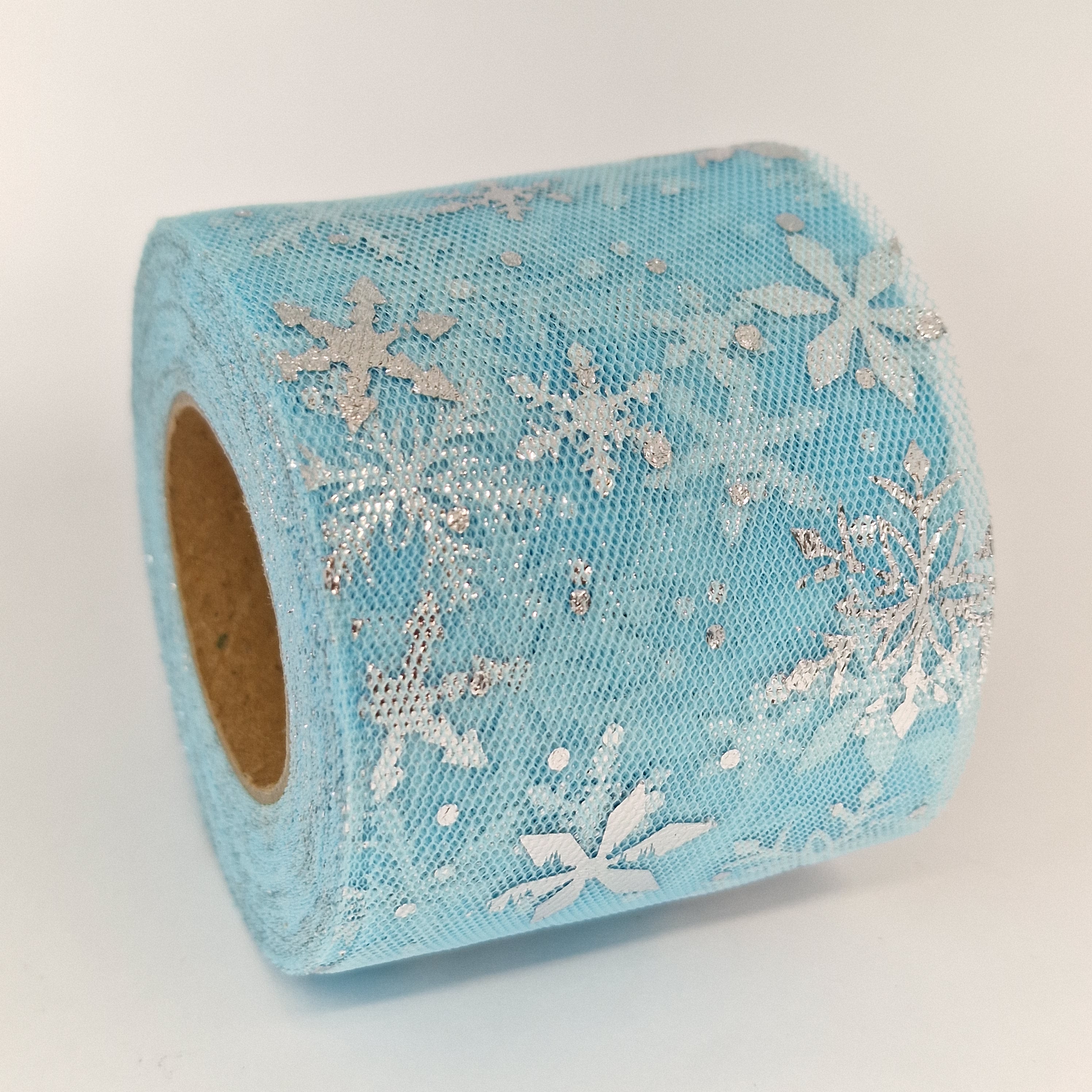 MajorCrafts 60mm 22metres Sky Blue with Silver Snowflakes Tulle Mesh Ribbon