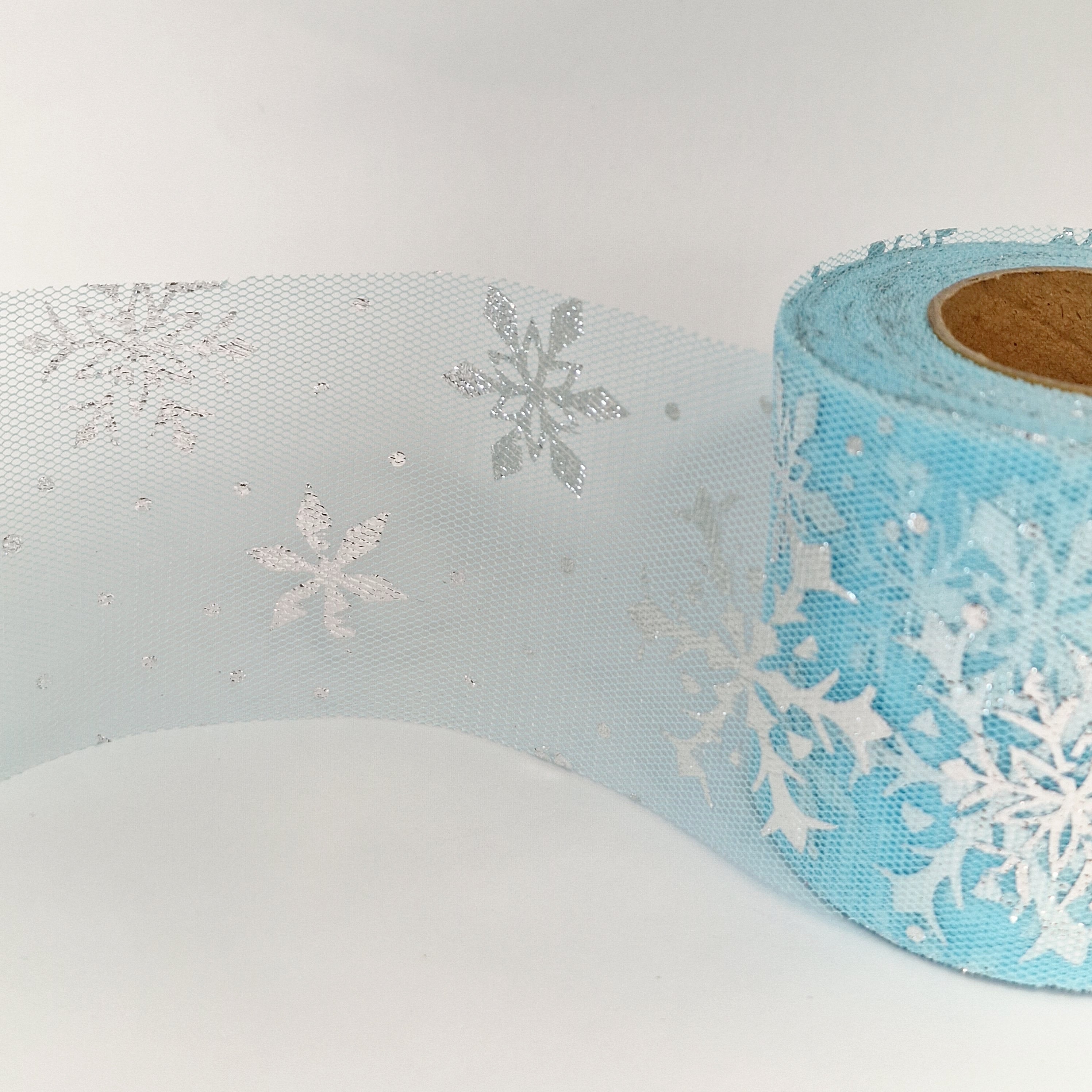 MajorCrafts 60mm 22metres Sky Blue with Silver Snowflakes Tulle Mesh Ribbon