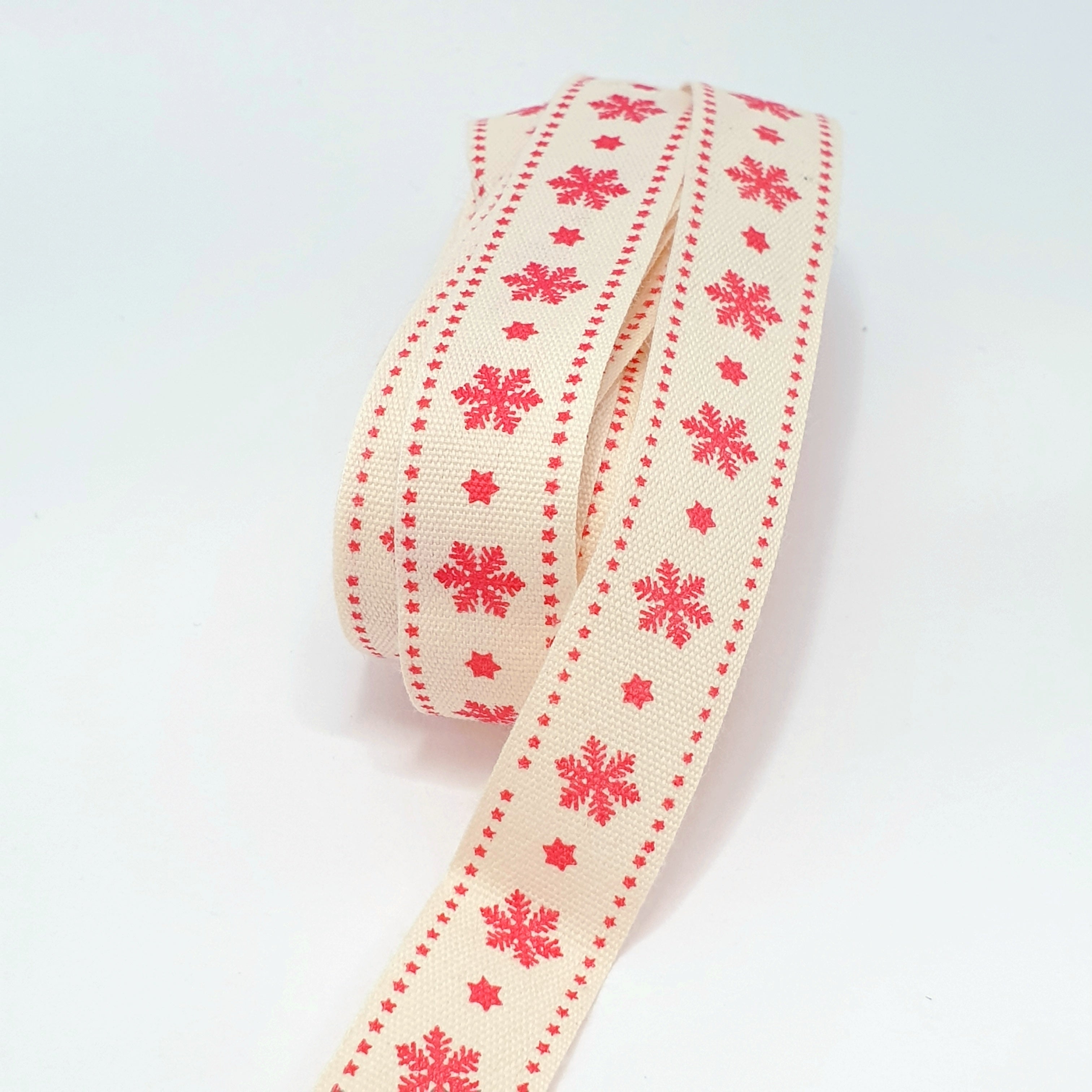 MajorCrafts 4.5m 5yds - 15mm wide Red Snowflake Christmas Cotton Fabric Ribbon