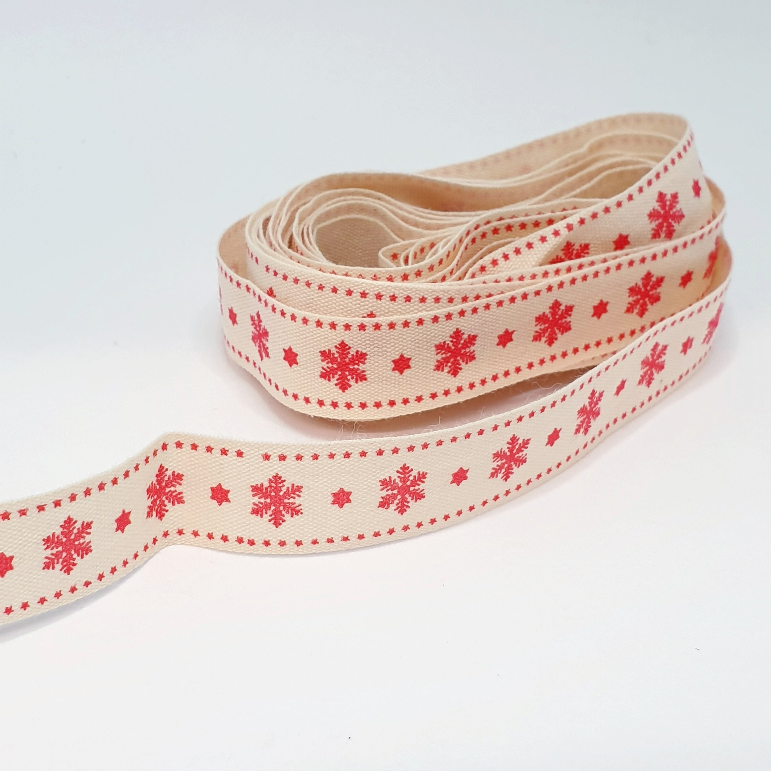 MajorCrafts 4.5m 5yds - 15mm wide Red Snowflake Christmas Cotton Fabric Ribbon