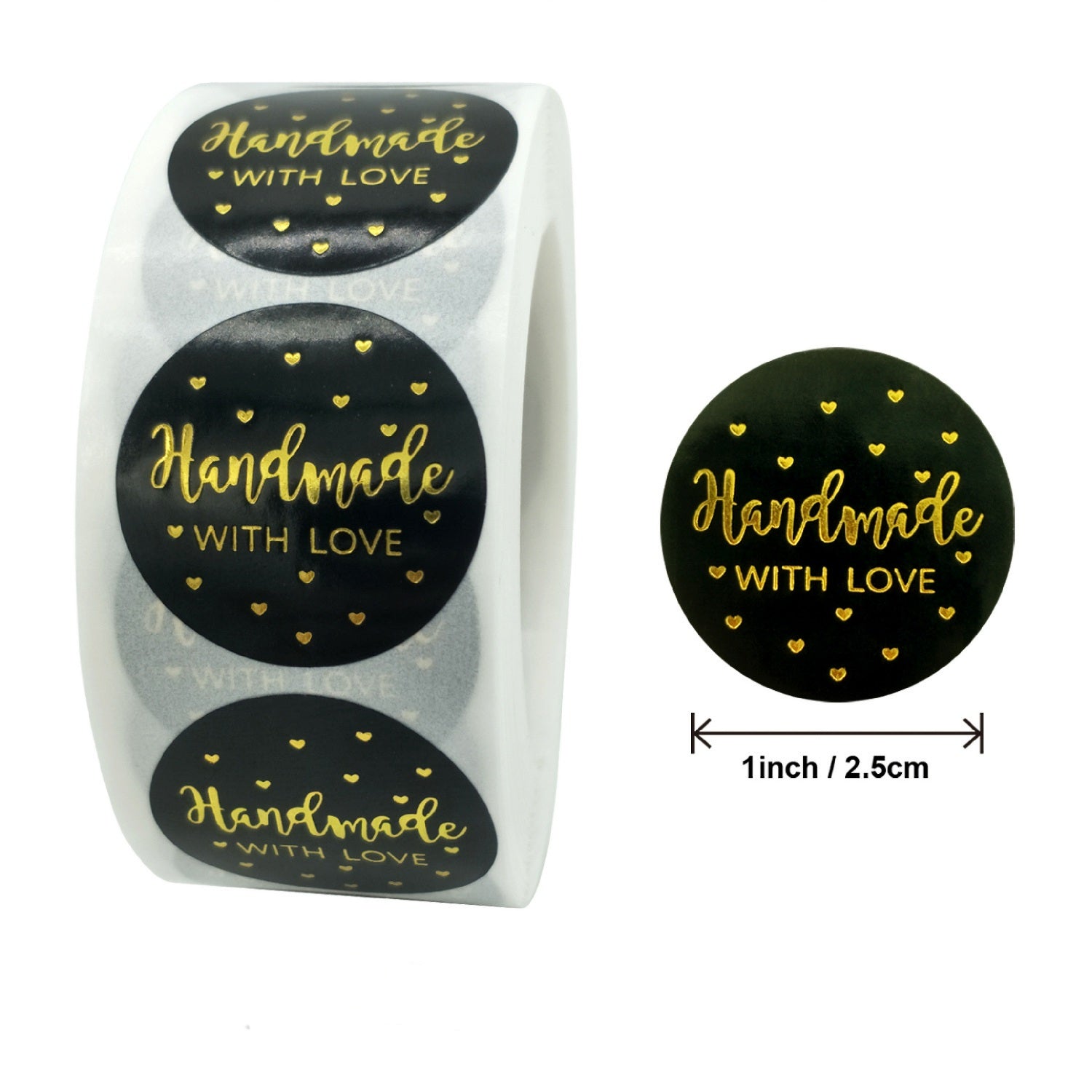 MajorCrafts 500 Labels per roll 2.5cm 1" wide Black & Gold 'Handmade with Love' Printed Round Stickers V002