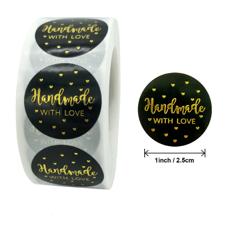 MajorCrafts 500 Labels per roll 2.5cm 1" wide Black & Gold 'Handmade with Love' Printed Round Stickers V002
