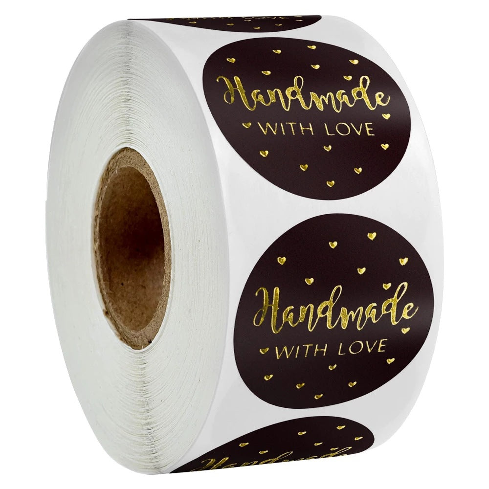 MajorCrafts 500 Labels per roll 2.5cm 1" wide Black & Gold 'Handmade with Love' Printed Round Stickers V002