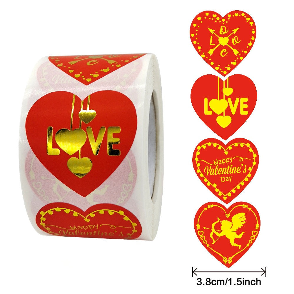 MajorCrafts 500 Labels per roll 38mm 1.5" wide Red & Gold 'Happy Valentine's Day Love' Printed Round Sticker Labels V004