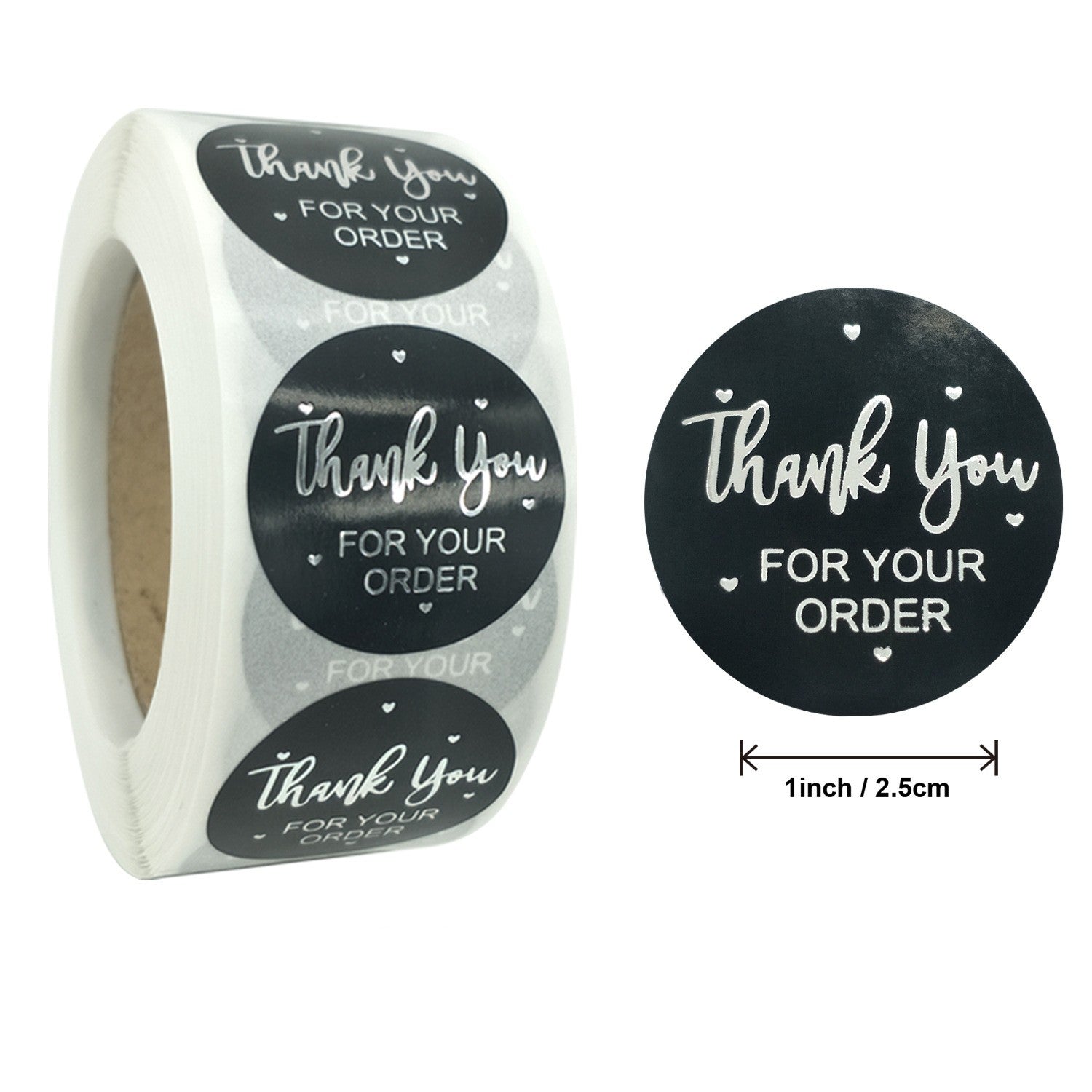 MajorCrafts 500 Labels per roll 2.5cm 1" wide Black & Silver 'Thank You For Your Order' Printed Round Stickers V009