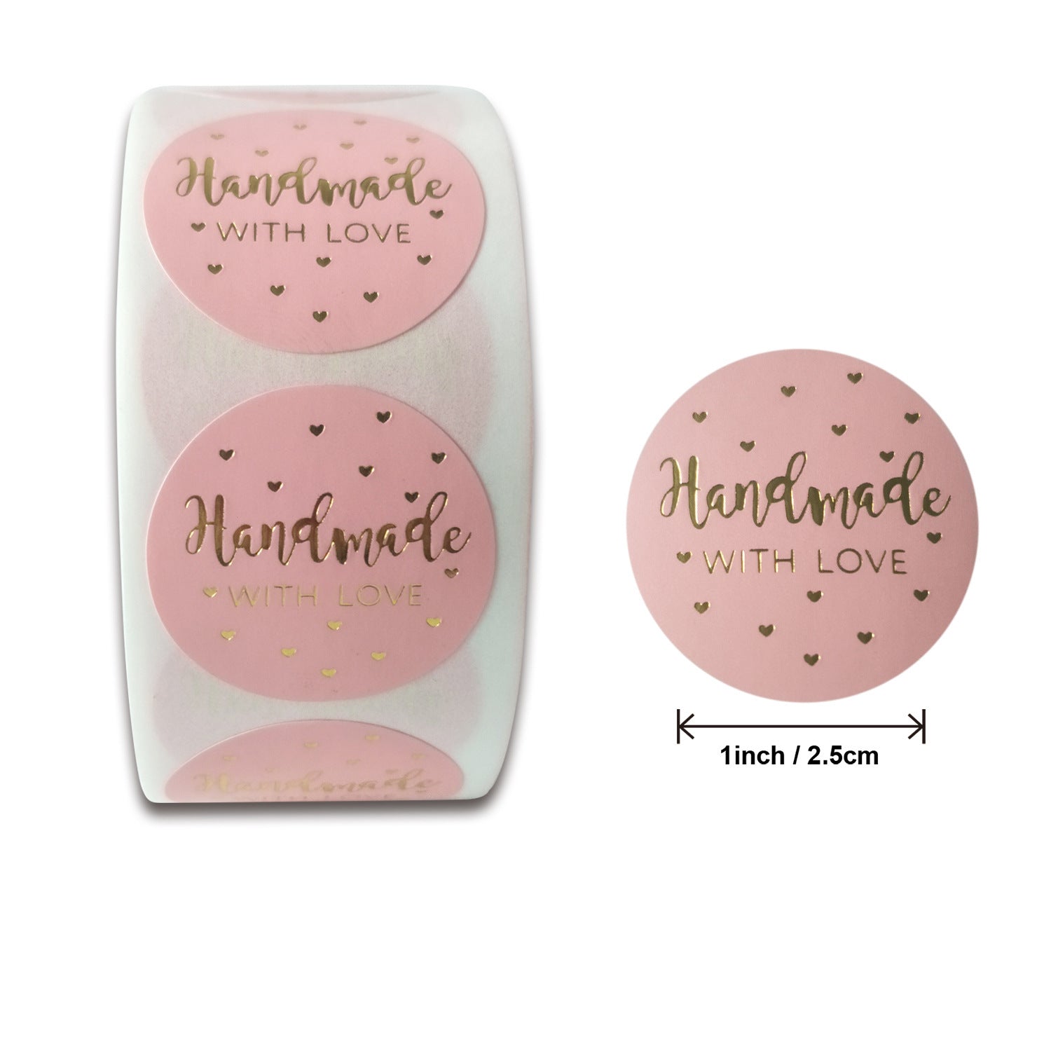 MajorCrafts 500 Labels per roll 2.5cm 1" wide Pink & Gold 'Handmade With Love' Printed Round Stickers V019