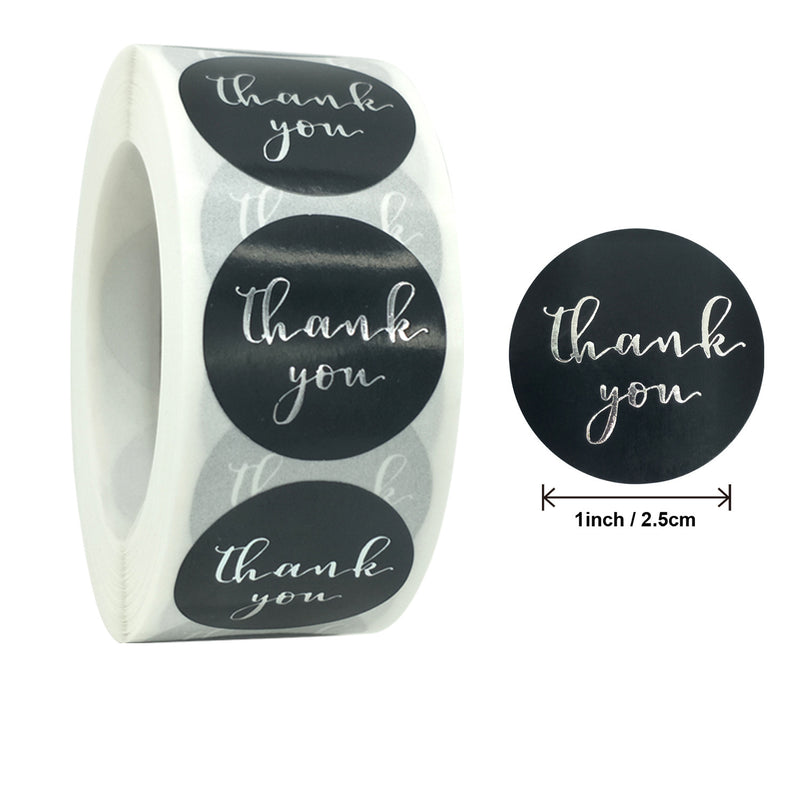 MajorCrafts 500 Labels per roll 2.5cm 1" wide Black & Silver 'Thank You' Printed Round Stickers V021