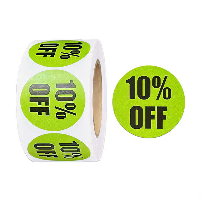 MajorCrafts 500 Labels per roll 2.5cm 1" wide Green & Black '10% OFF' Sale Printed Round Sticker Labels V027