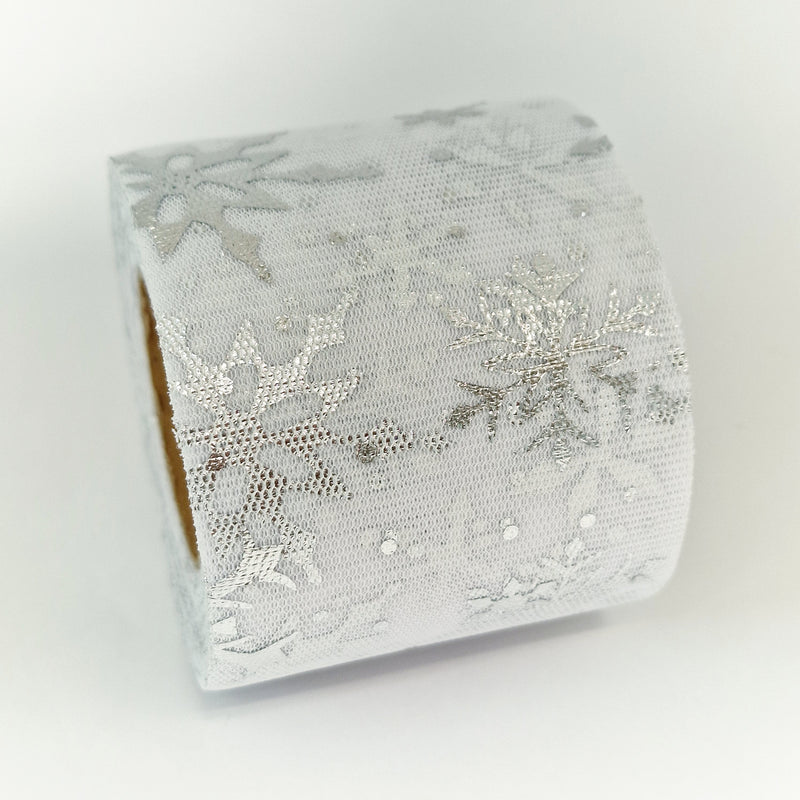 MajorCrafts 60mm 22metres White with Silver Snowflakes Tulle Mesh Ribbon