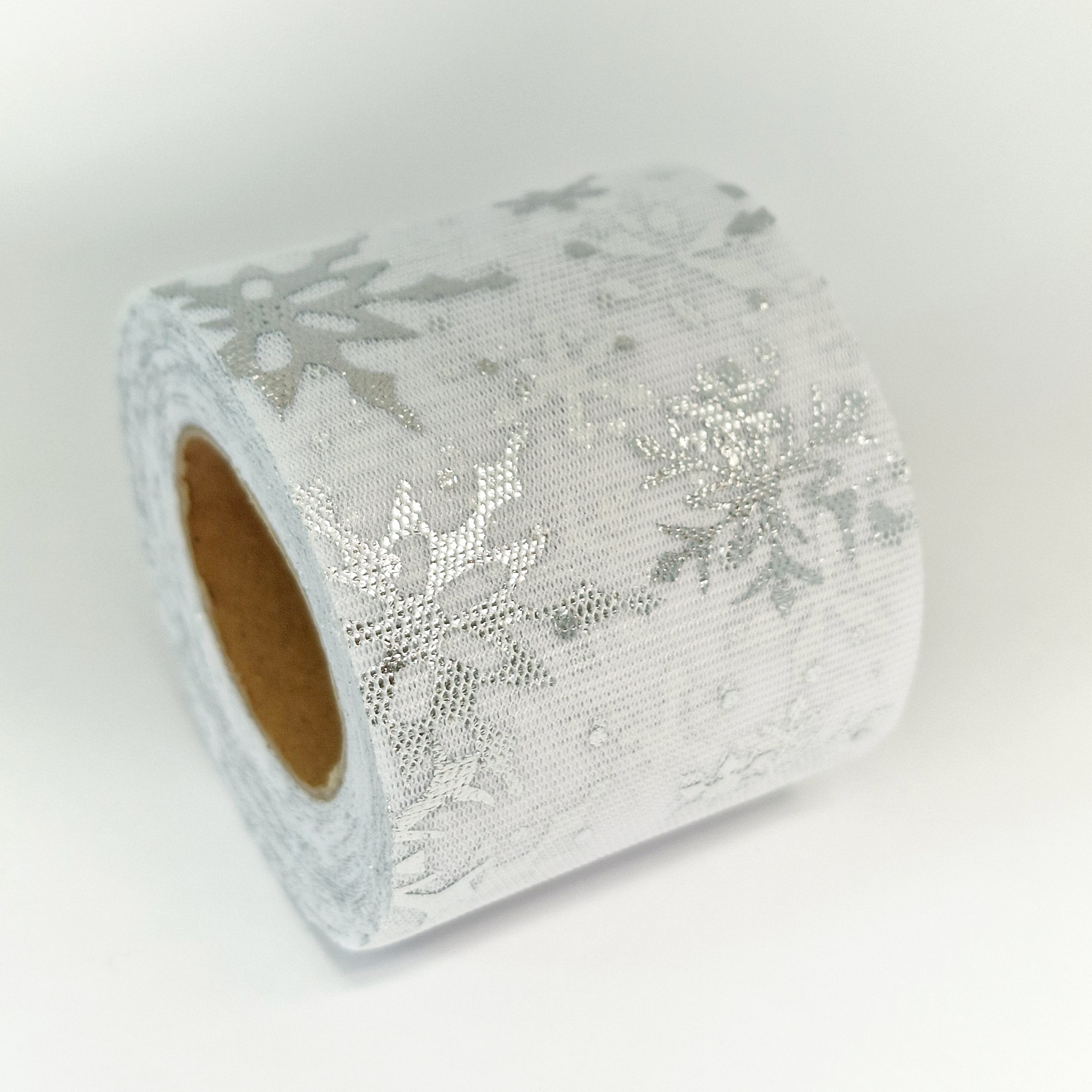 MajorCrafts 60mm 22metres White with Silver Snowflakes Tulle Mesh Ribbon