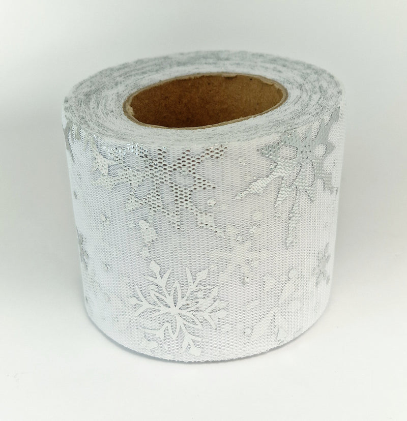 MajorCrafts 60mm 22metres White with Silver Snowflakes Tulle Mesh Ribbon