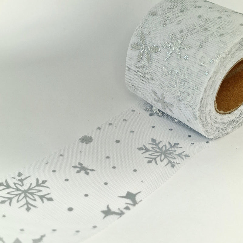 MajorCrafts 60mm 22metres White with Silver Snowflakes Tulle Mesh Ribbon