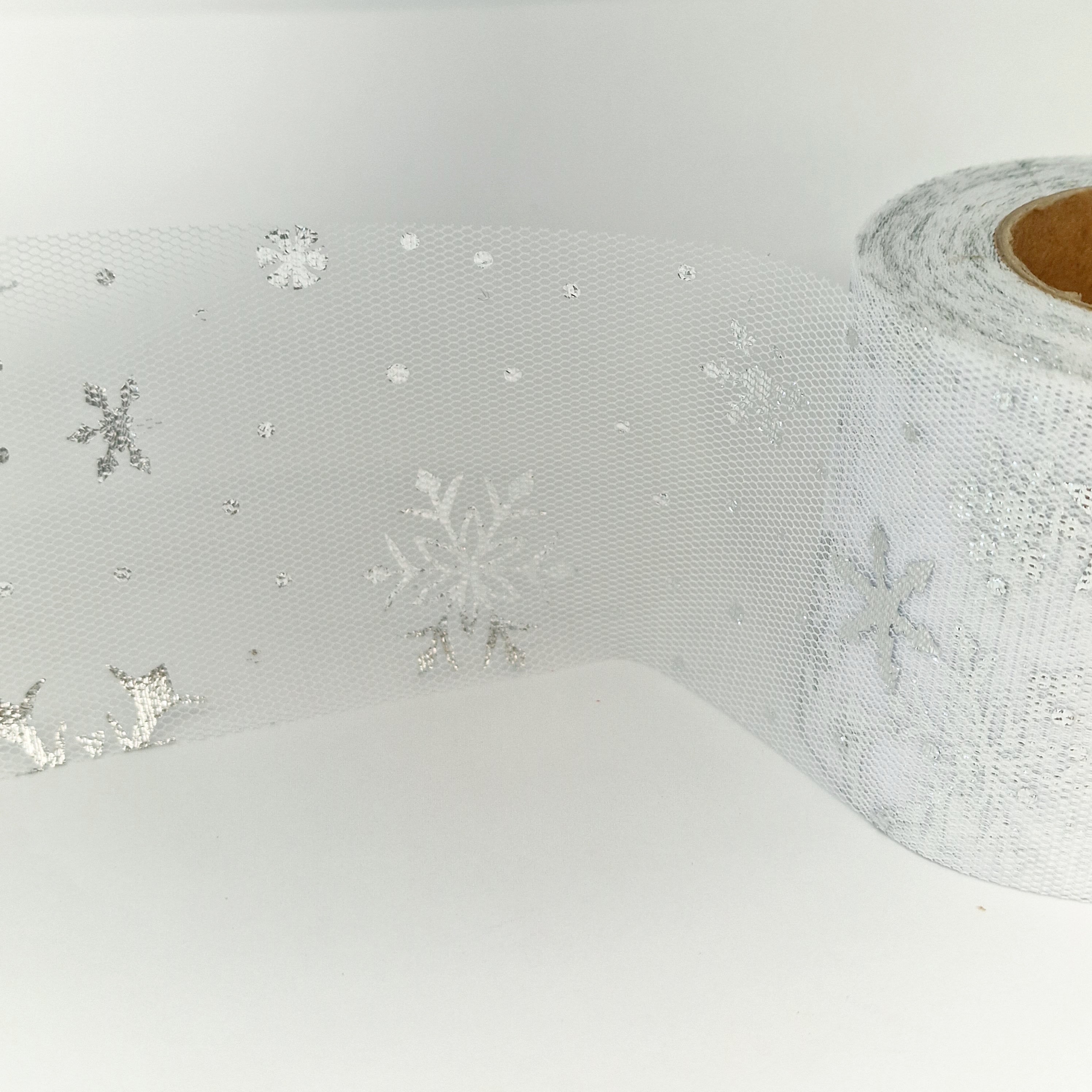 MajorCrafts 60mm 22metres White with Silver Snowflakes Tulle Mesh Ribbon
