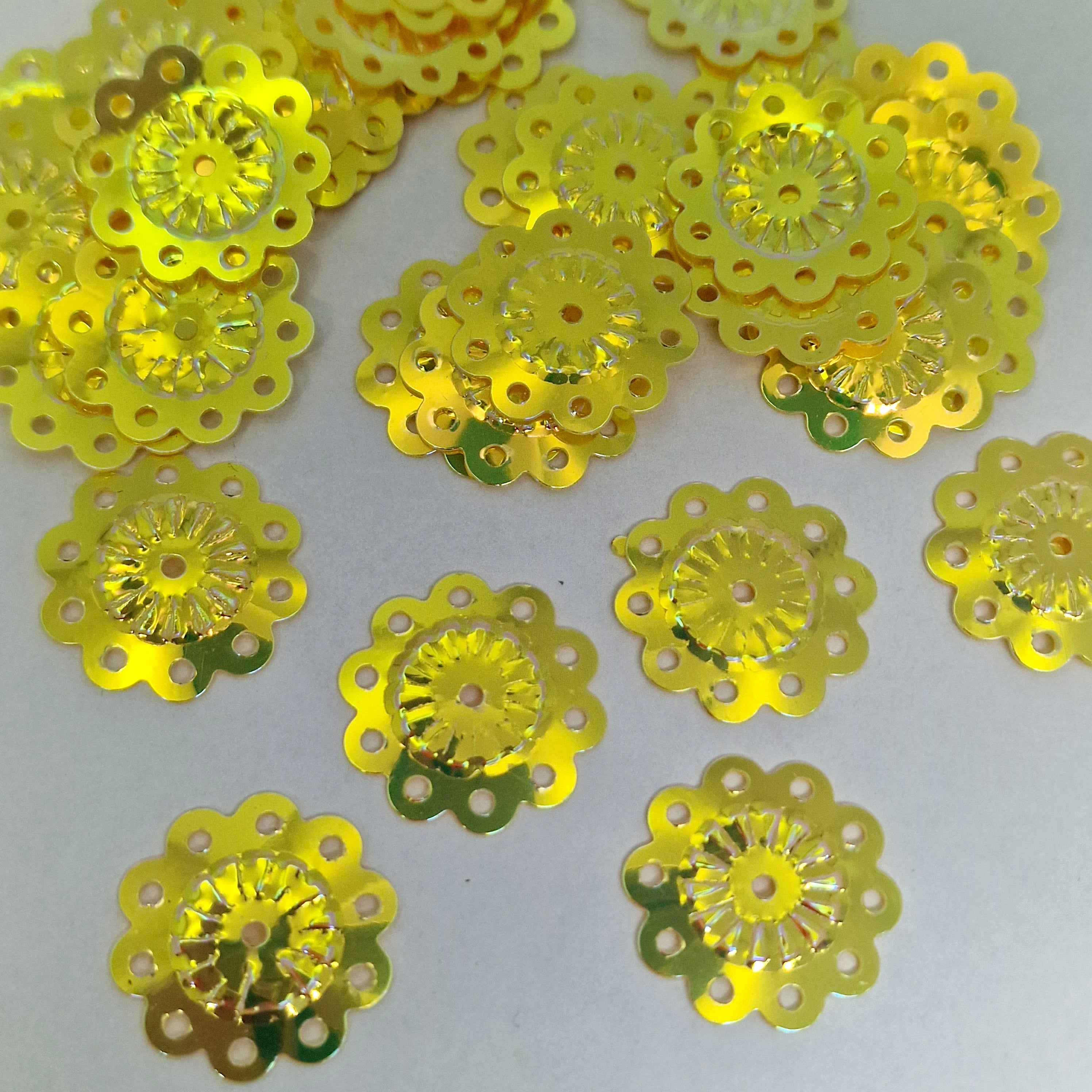 MajorCrafts 18mm 40grams 350pcs Metallic Yellow AB Flower Sew-On PVC Sequins