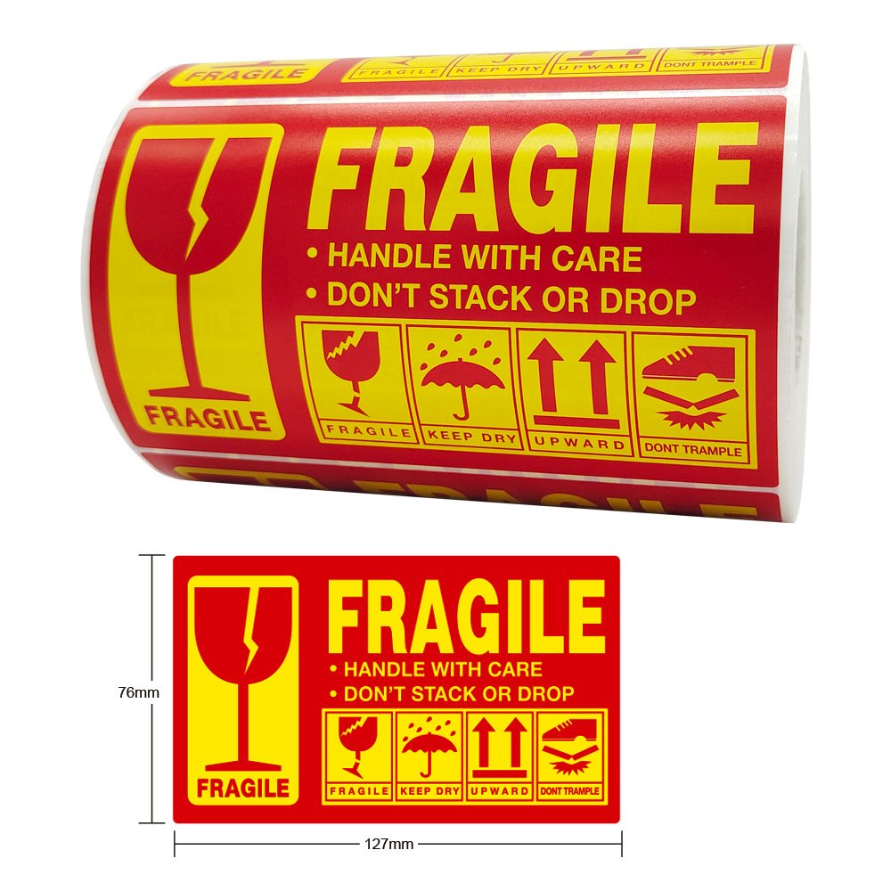 MajorCrafts 127mm x 76mm 'Fragile Handle with Care' Yellow & Red Printed Sticker Labels